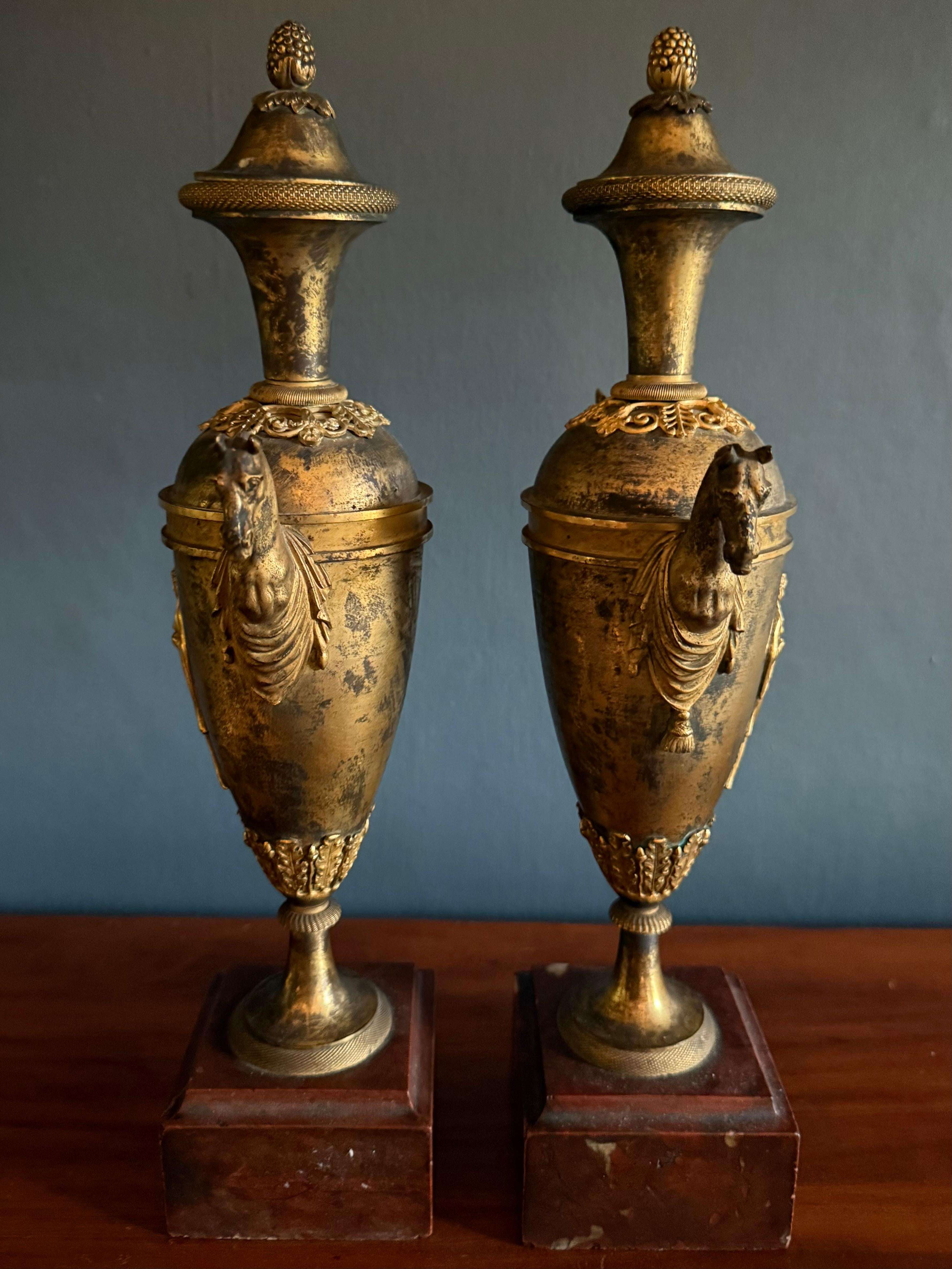 Pair Louis XVI  Ormolu Bronze Horse Handled Urn Candlesticks For Sale 6