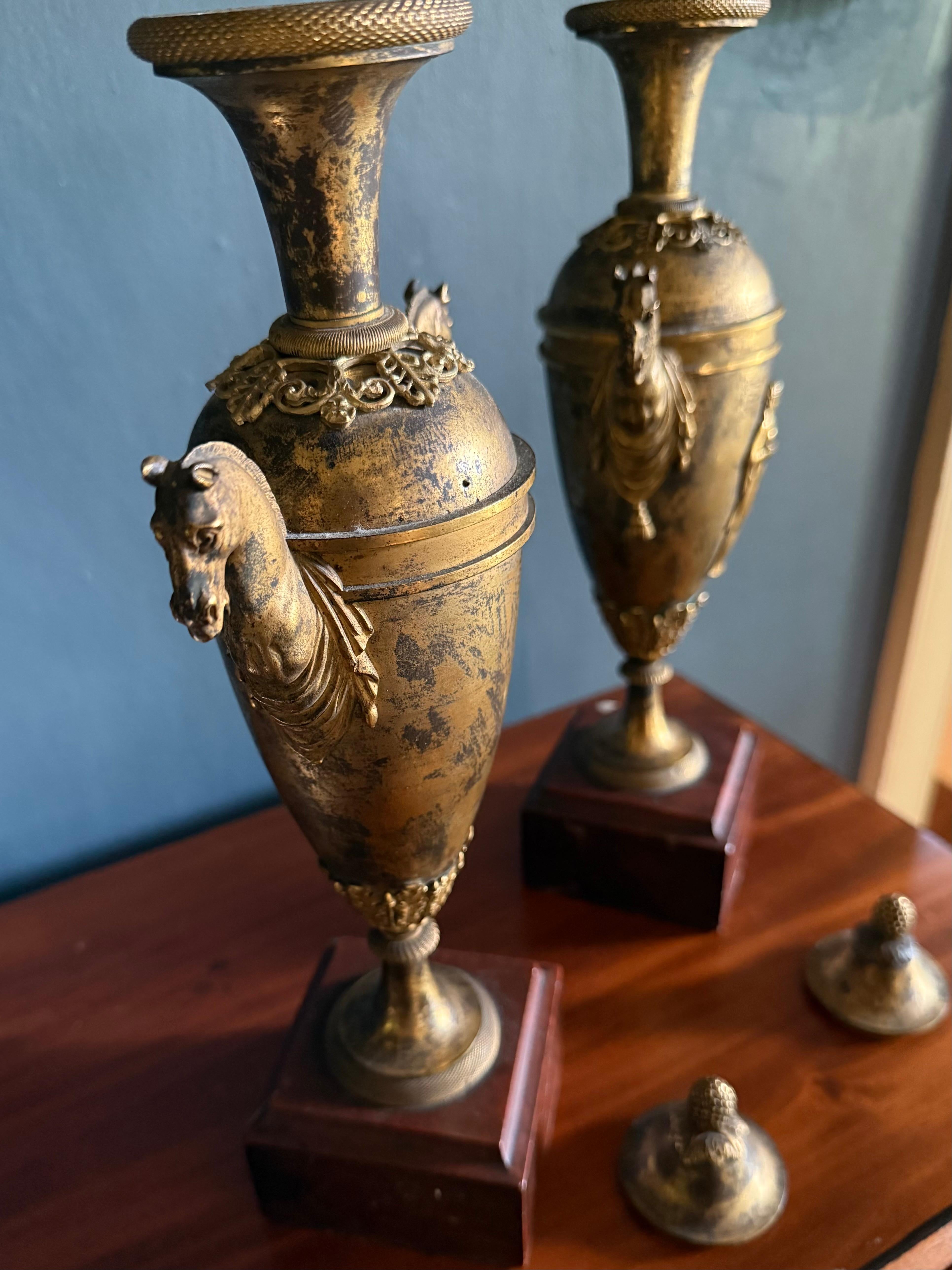 Pair Louis XVI  Ormolu Bronze Horse Handled Urn Candlesticks For Sale 7