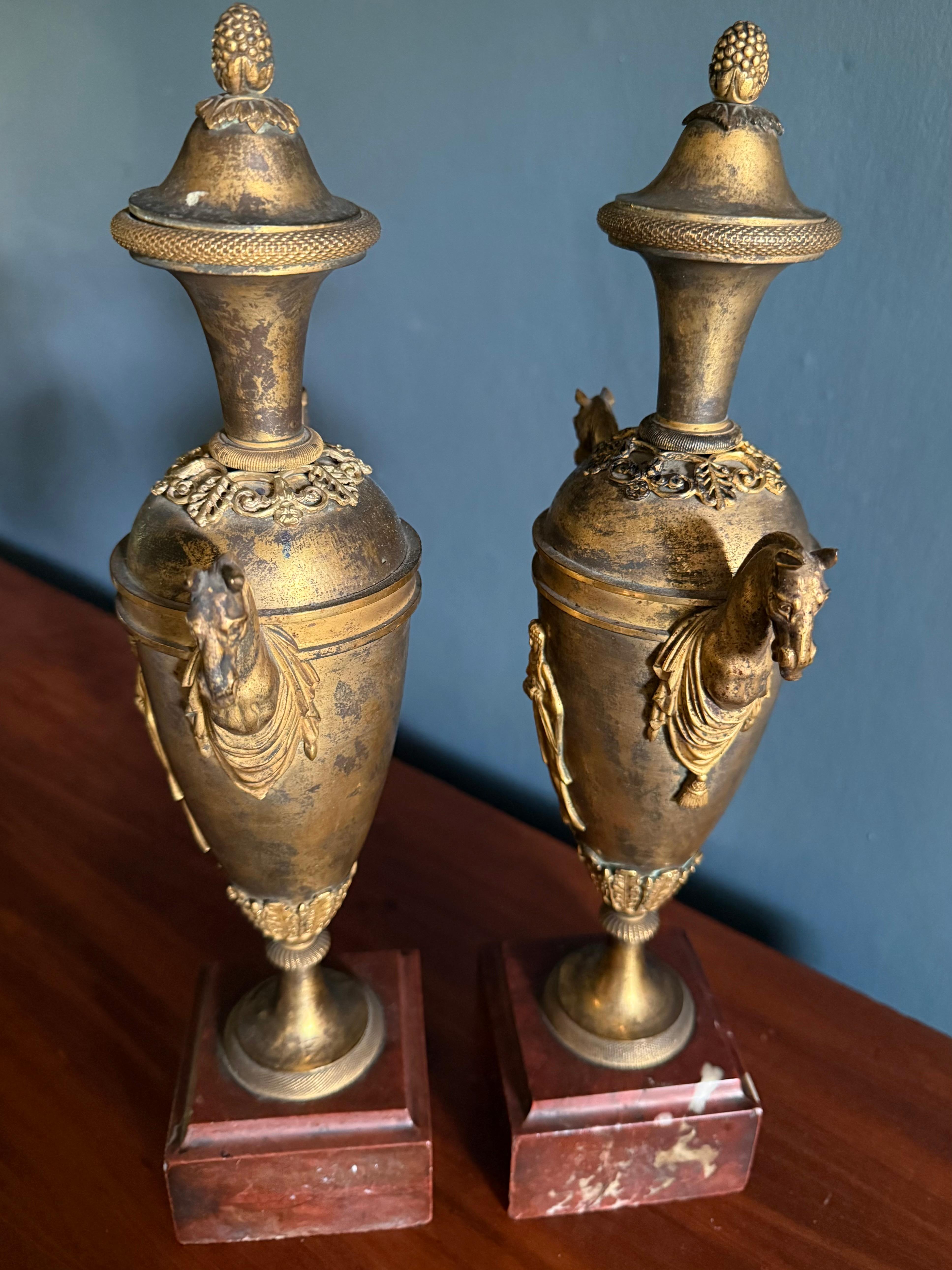 Pair Louis XVI  Ormolu Bronze Horse Handled Urn Candlesticks For Sale 9
