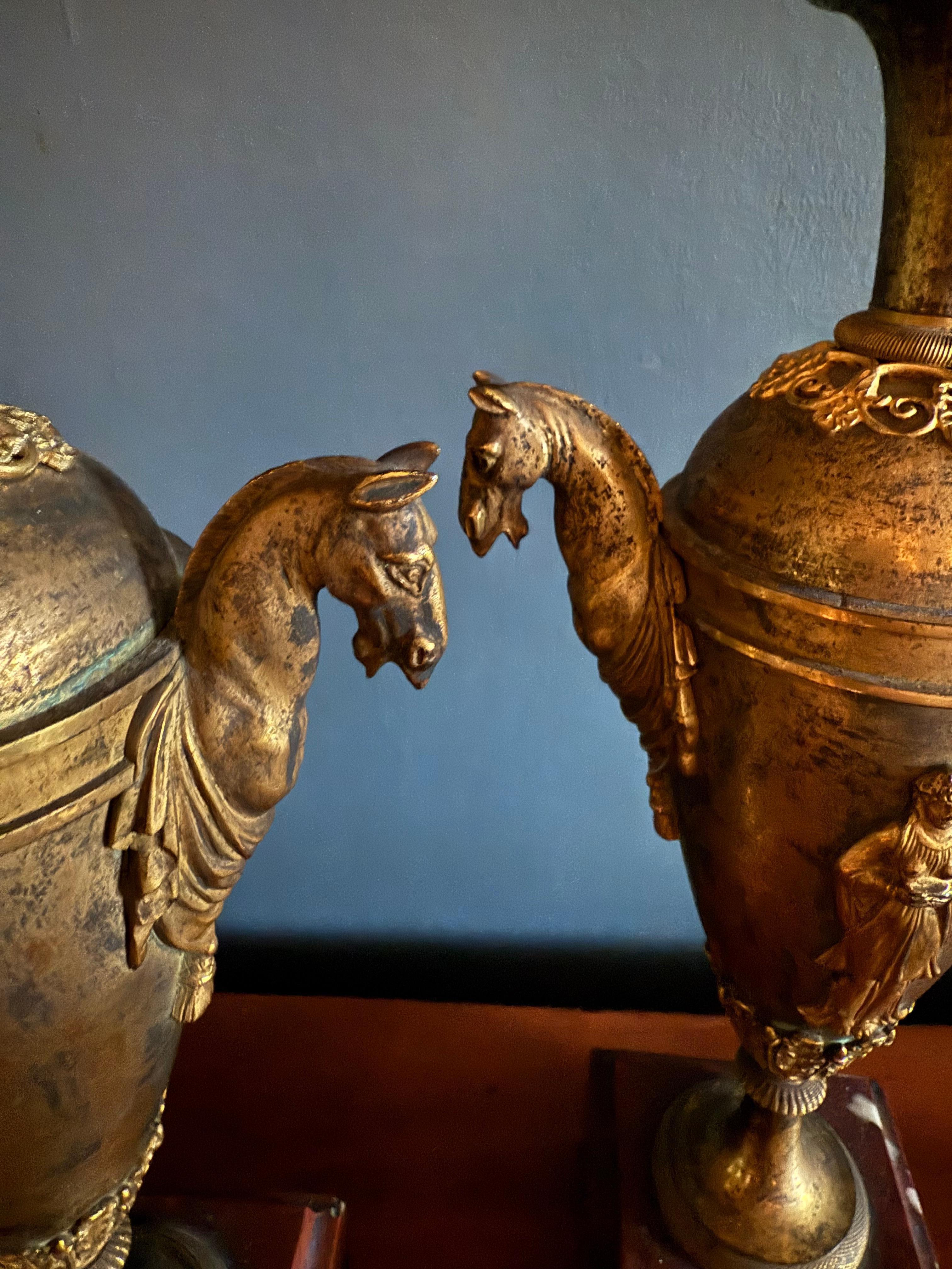 Pair Louis XVI  Ormolu Bronze Horse Handled Urn Candlesticks For Sale 10