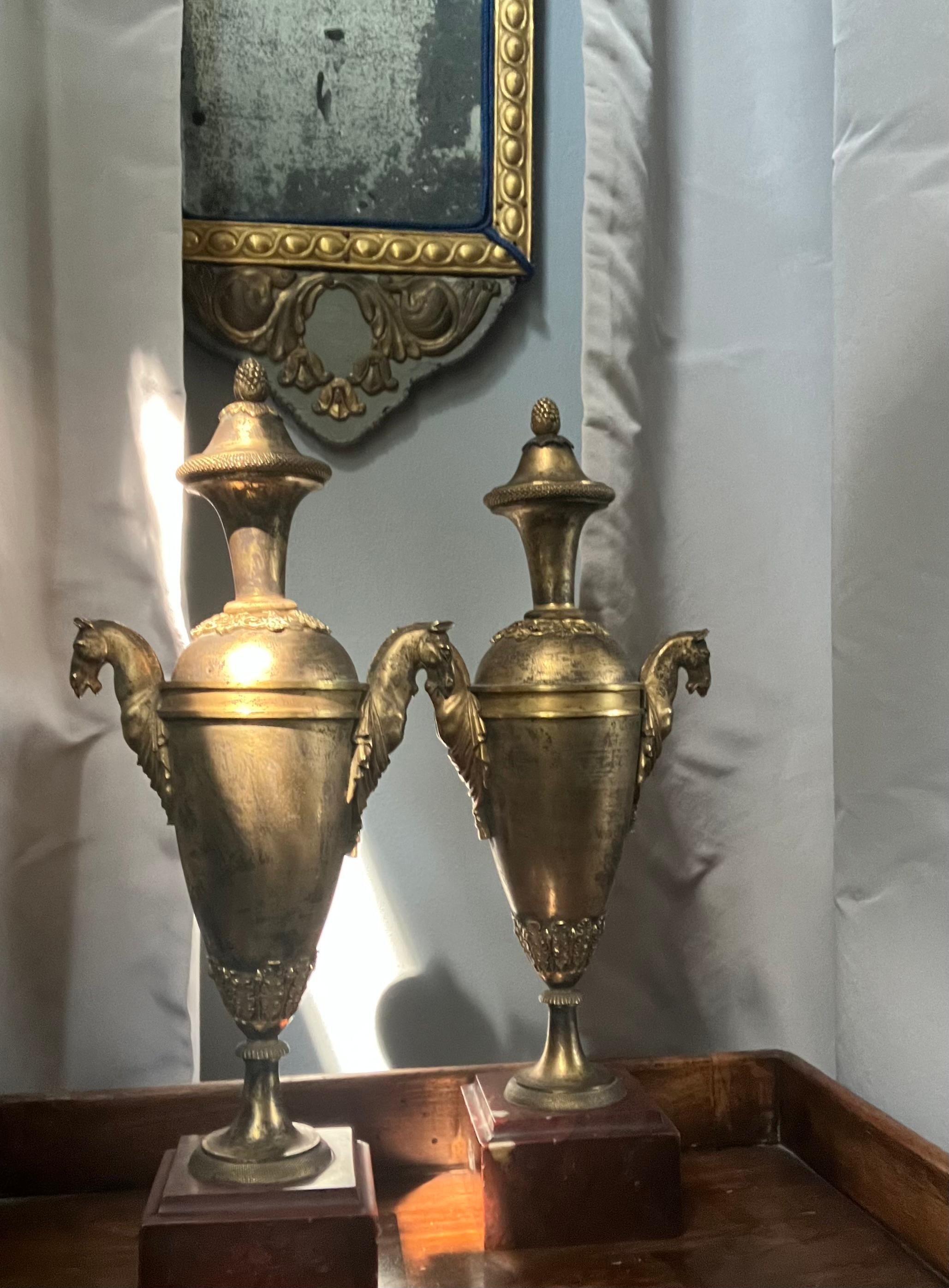 Pair Louis XVI  Ormolu Bronze Horse Handled Urn Candlesticks For Sale 11