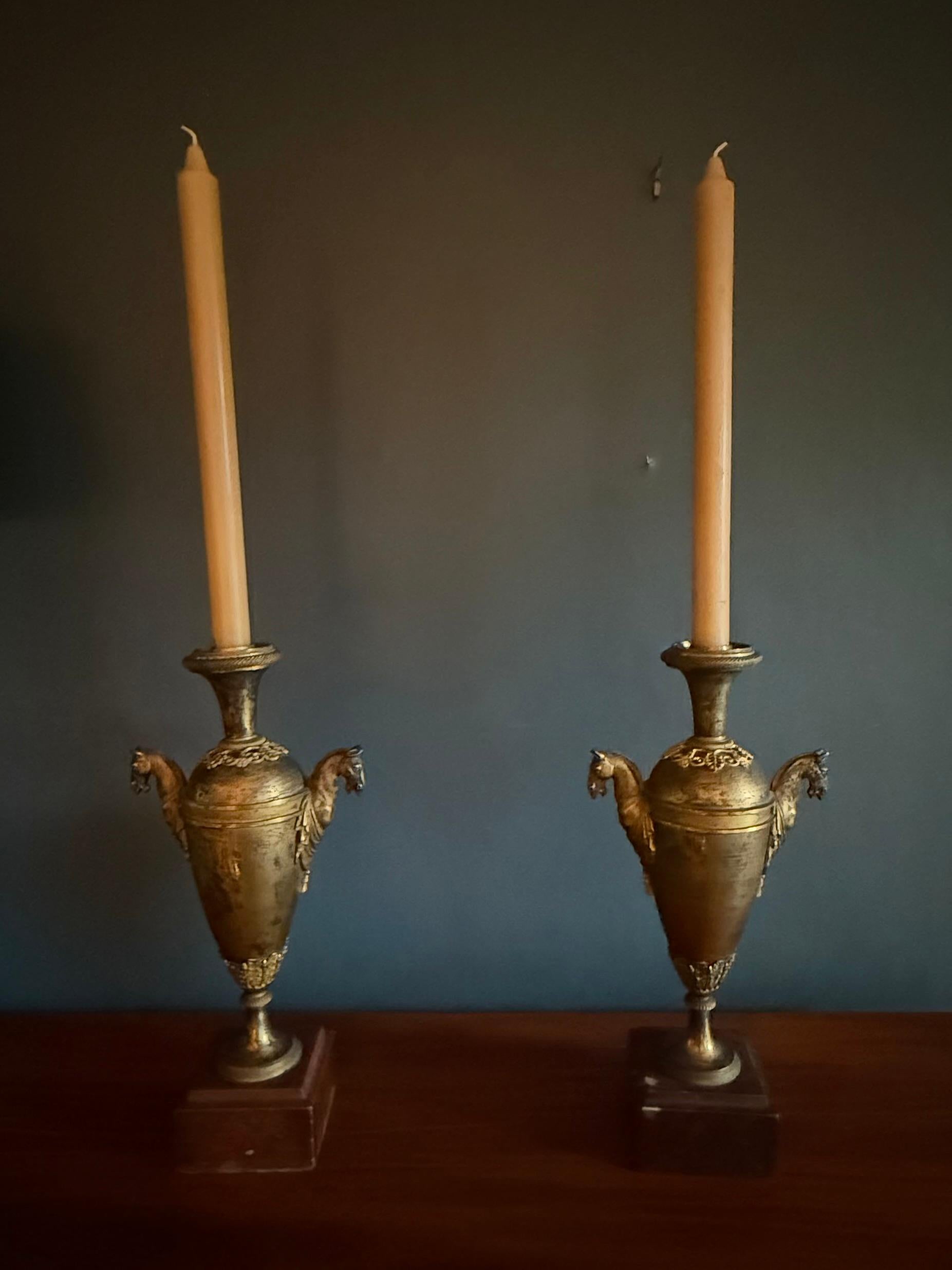 Directoire Pair Louis XVI  Ormolu Bronze Horse Handled Urn Candlesticks For Sale
