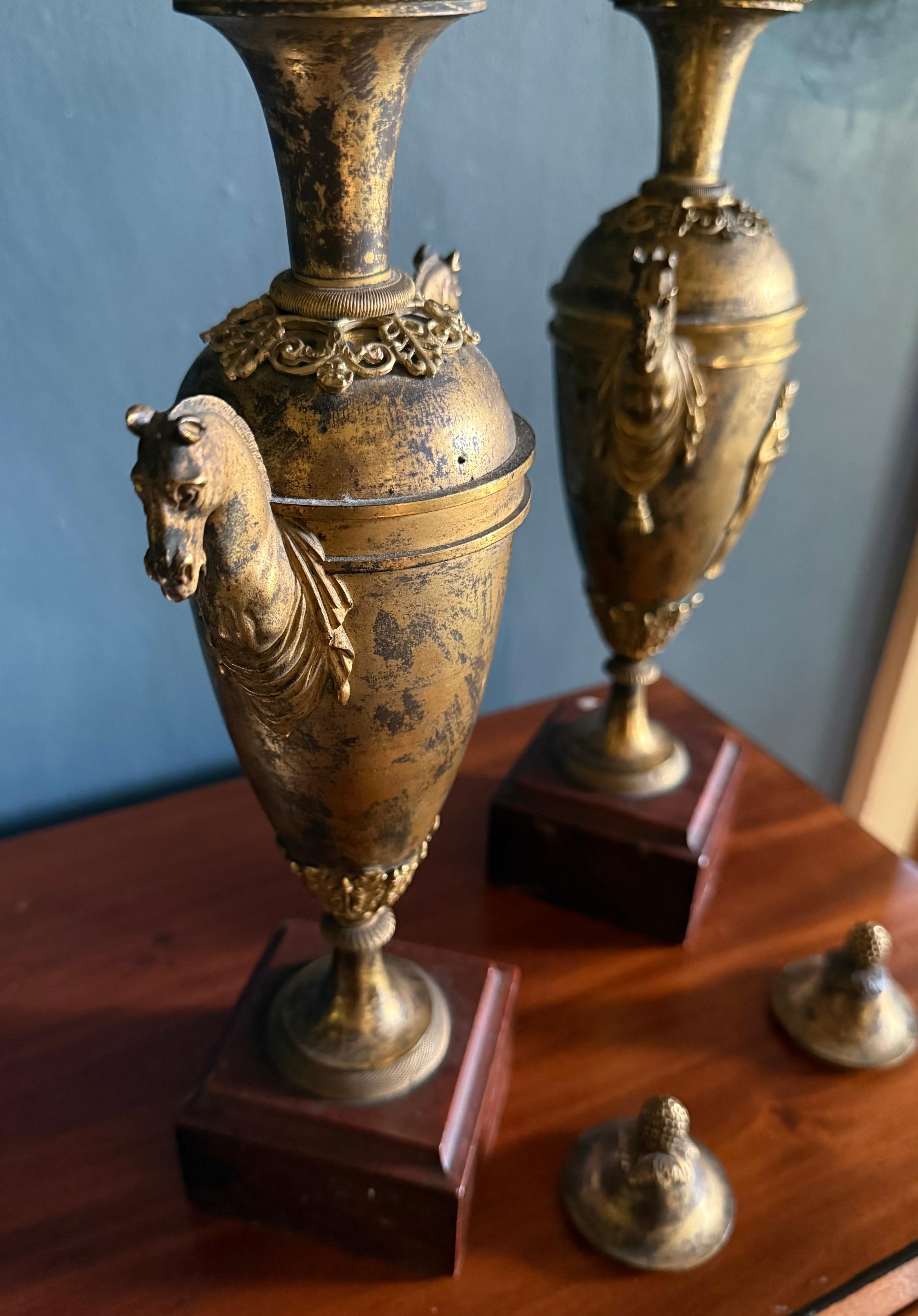 French Pair Louis XVI  Ormolu Bronze Horse Handled Urn Candlesticks For Sale