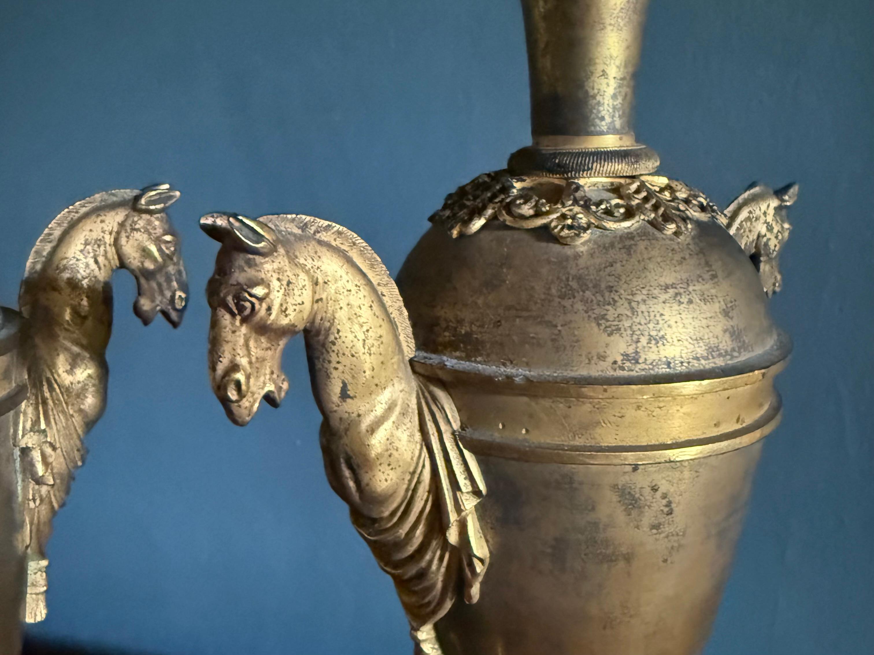 Pair Louis XVI  Ormolu Bronze Horse Handled Urn Candlesticks For Sale 1