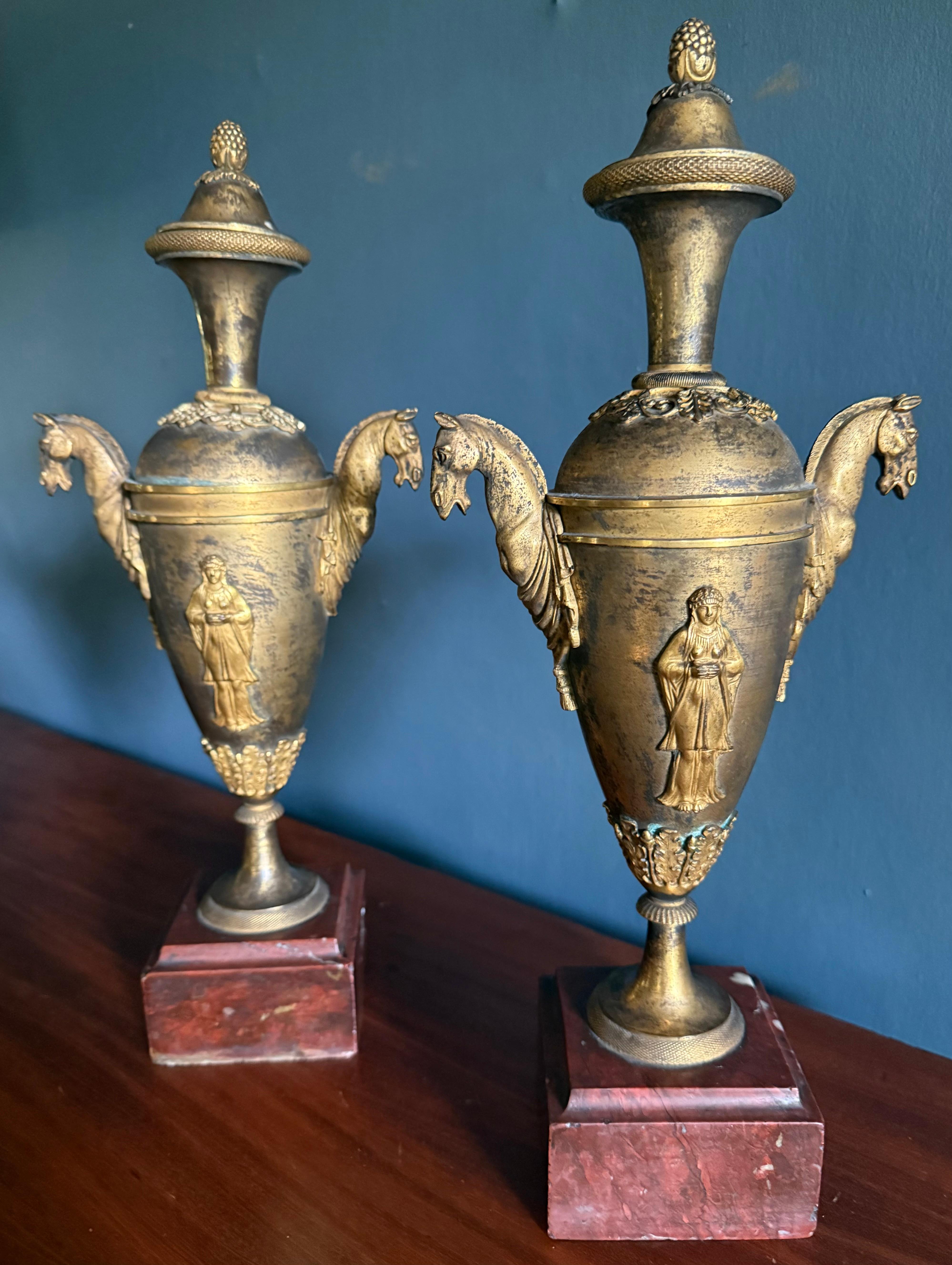 Pair Louis XVI  Ormolu Bronze Horse Handled Urn Candlesticks For Sale 2