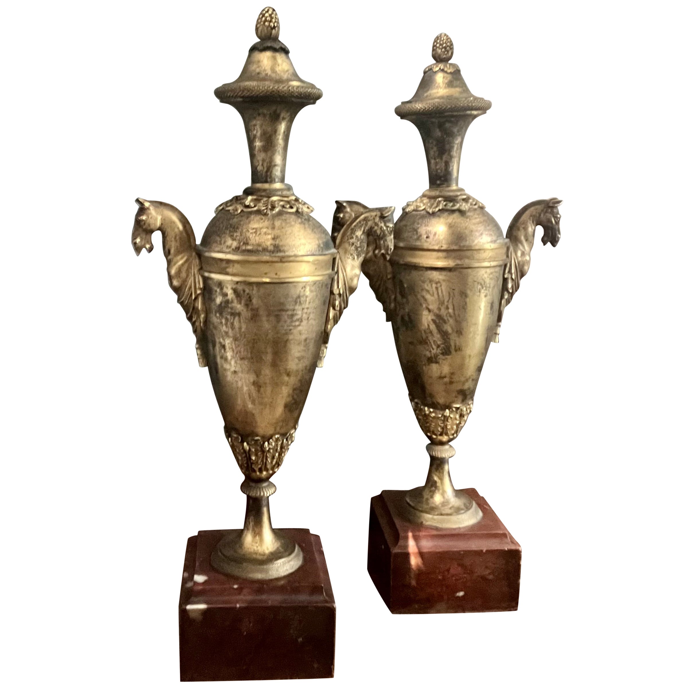 Pair Louis XVI  Ormolu Bronze Horse Handled Urn Candlesticks For Sale