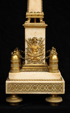 Pair Louis XVI Ormolu & Carrara Marble Armorial Obelisks w Military Trophies