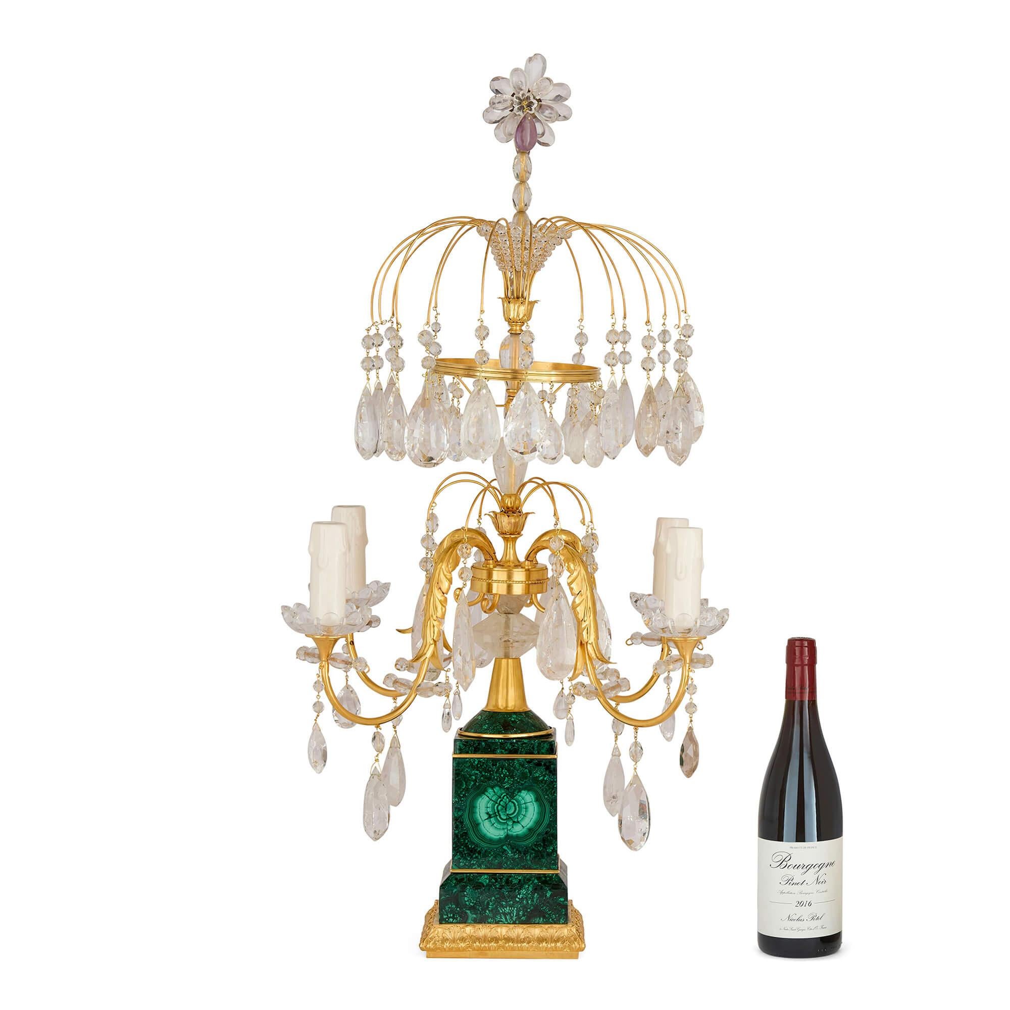 Paire de candélabres Louis XVI en bronze doré, malachite, améthyste, quartz et cristal de roche en vente 2