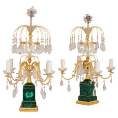 Pair Louis XVI Ormolu Malachite Amethyst Quartz Rock Crystal Candelabra