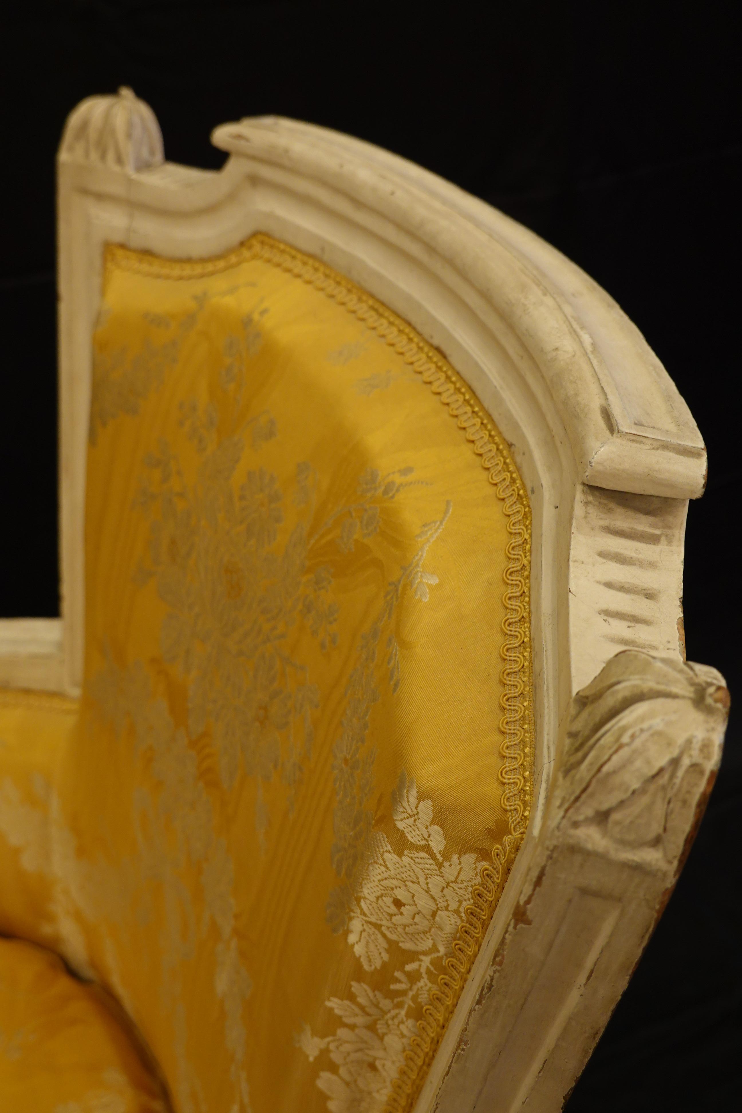 Pair of Louis XVI Period Bergères in Yellow Silk Lampas Fabric 6