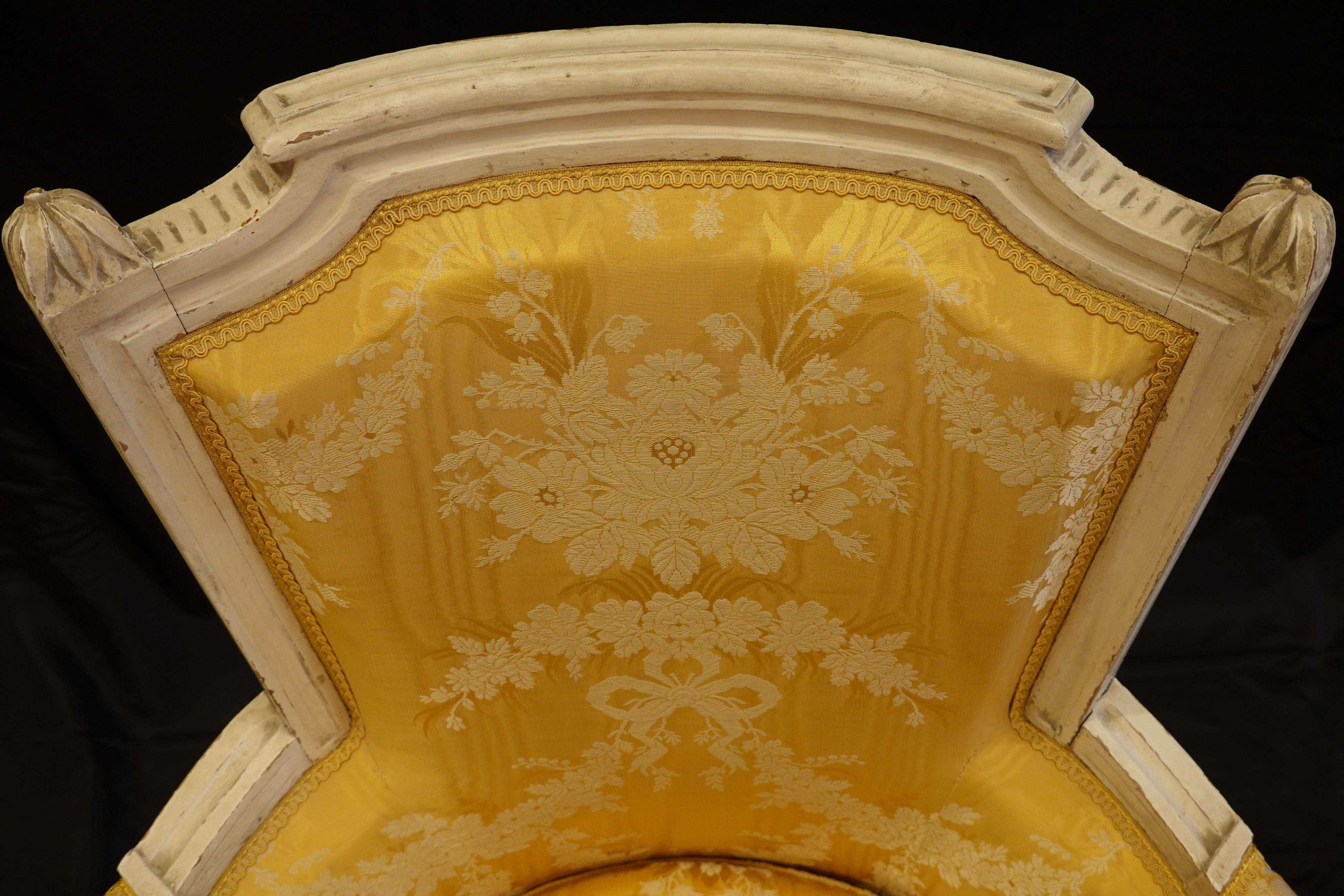 Pair of Louis XVI Period Bergères in Yellow Silk Lampas Fabric 7