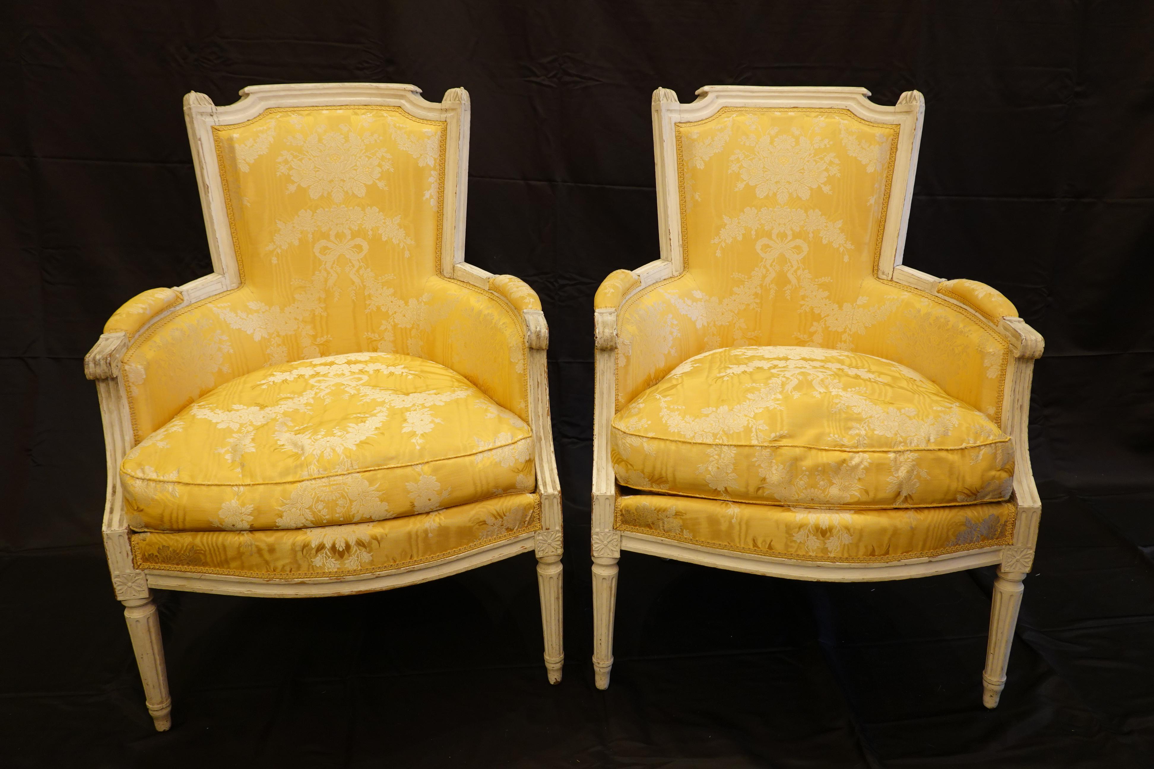 French Pair of Louis XVI Period Bergères in Yellow Silk Lampas Fabric