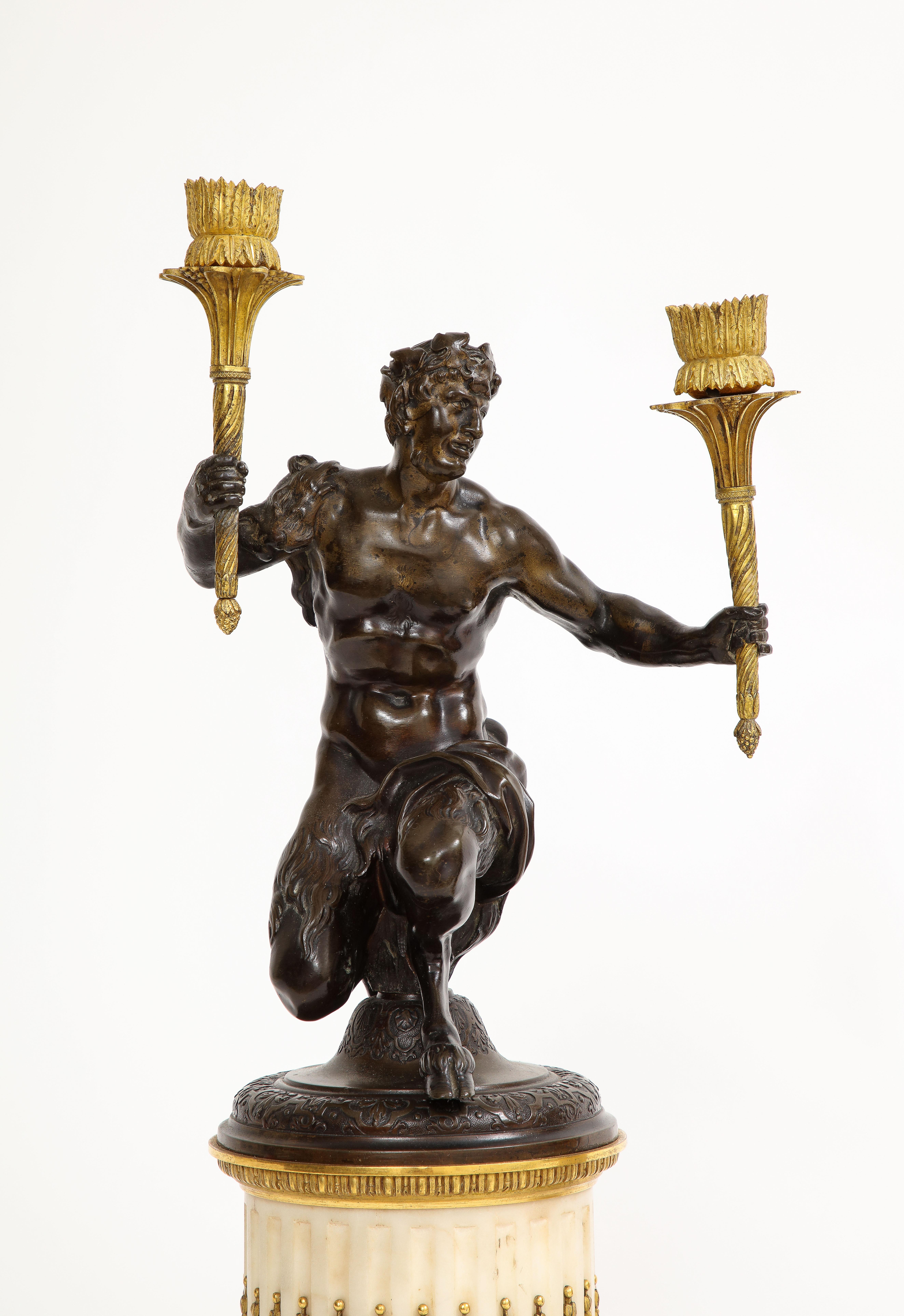 Bronze Pair Louis XVI Period Figural Patinated & Ormolu Cadelabrum on Marble Plinths For Sale