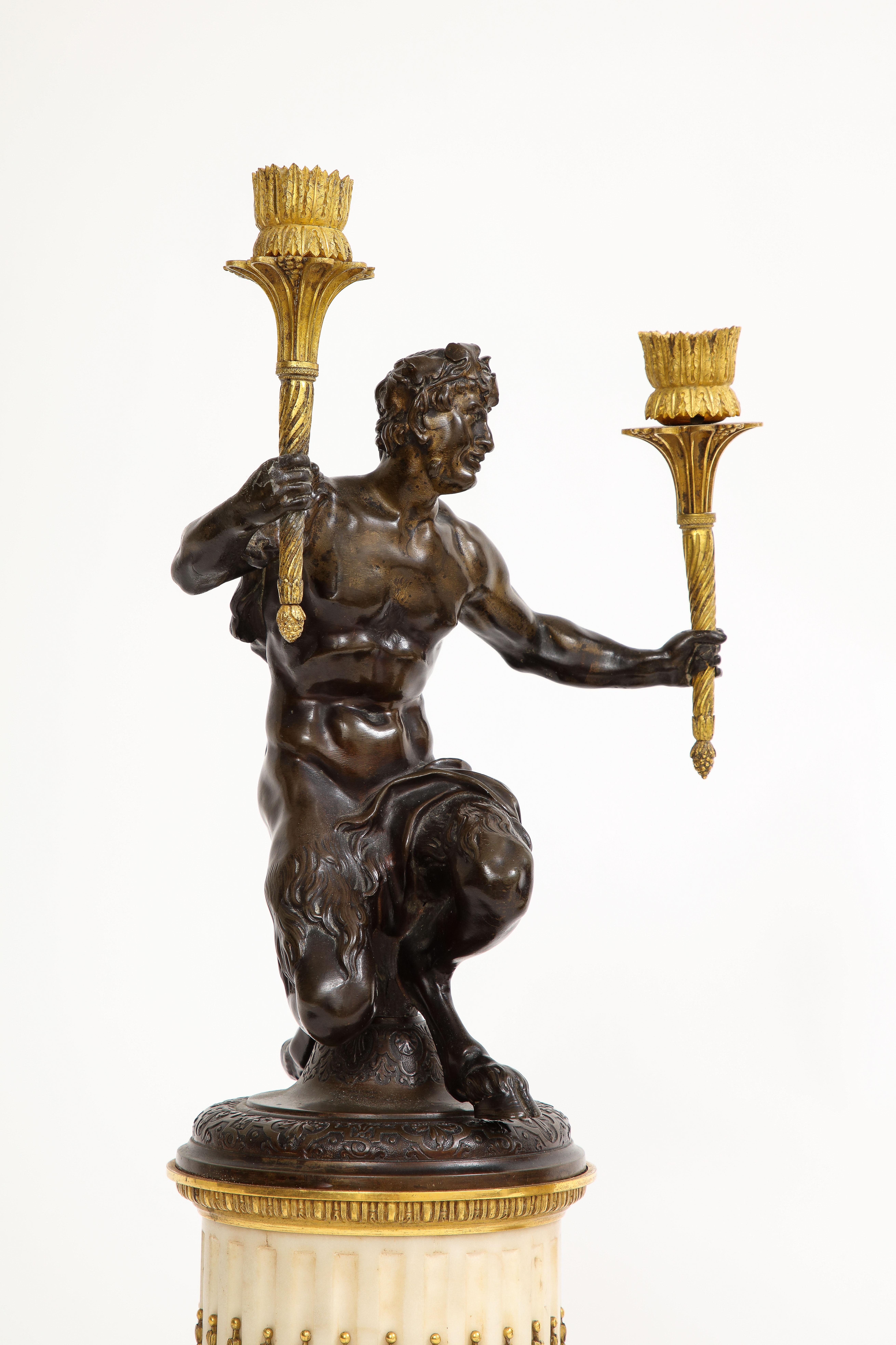 Pair Louis XVI Period Figural Patinated & Ormolu Cadelabrum on Marble Plinths For Sale 1