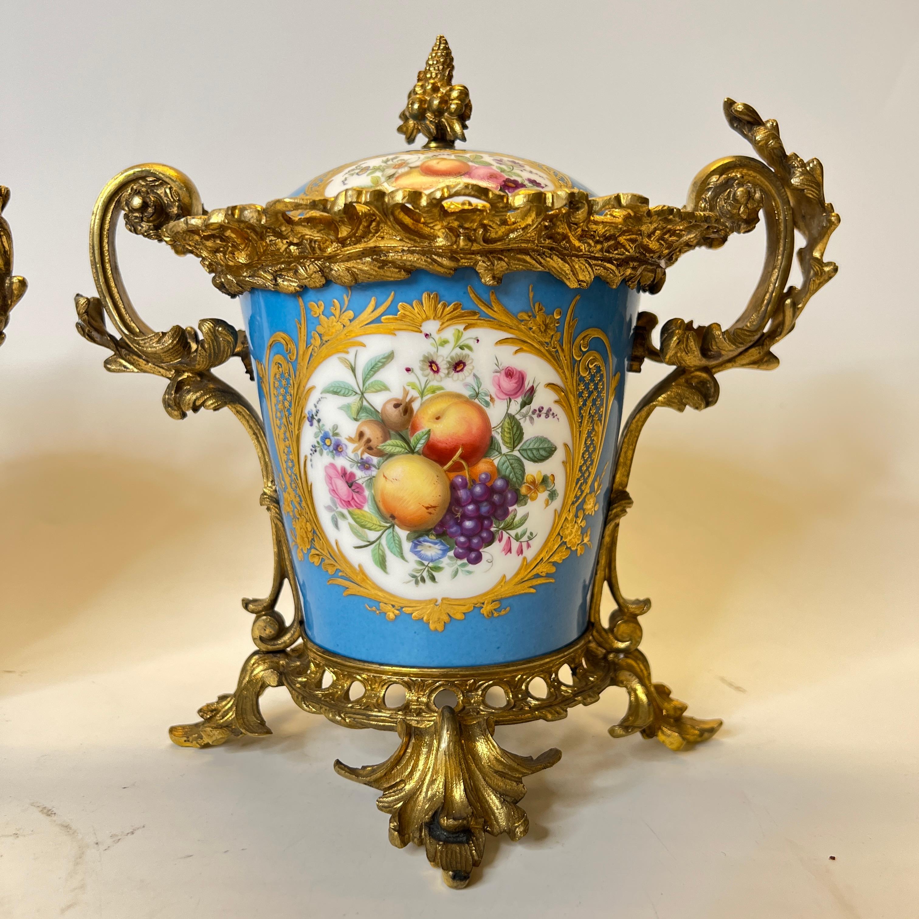 Pair Louis XVI Sevres Style Bronze Mounted Porcelain covered Cachepots 11