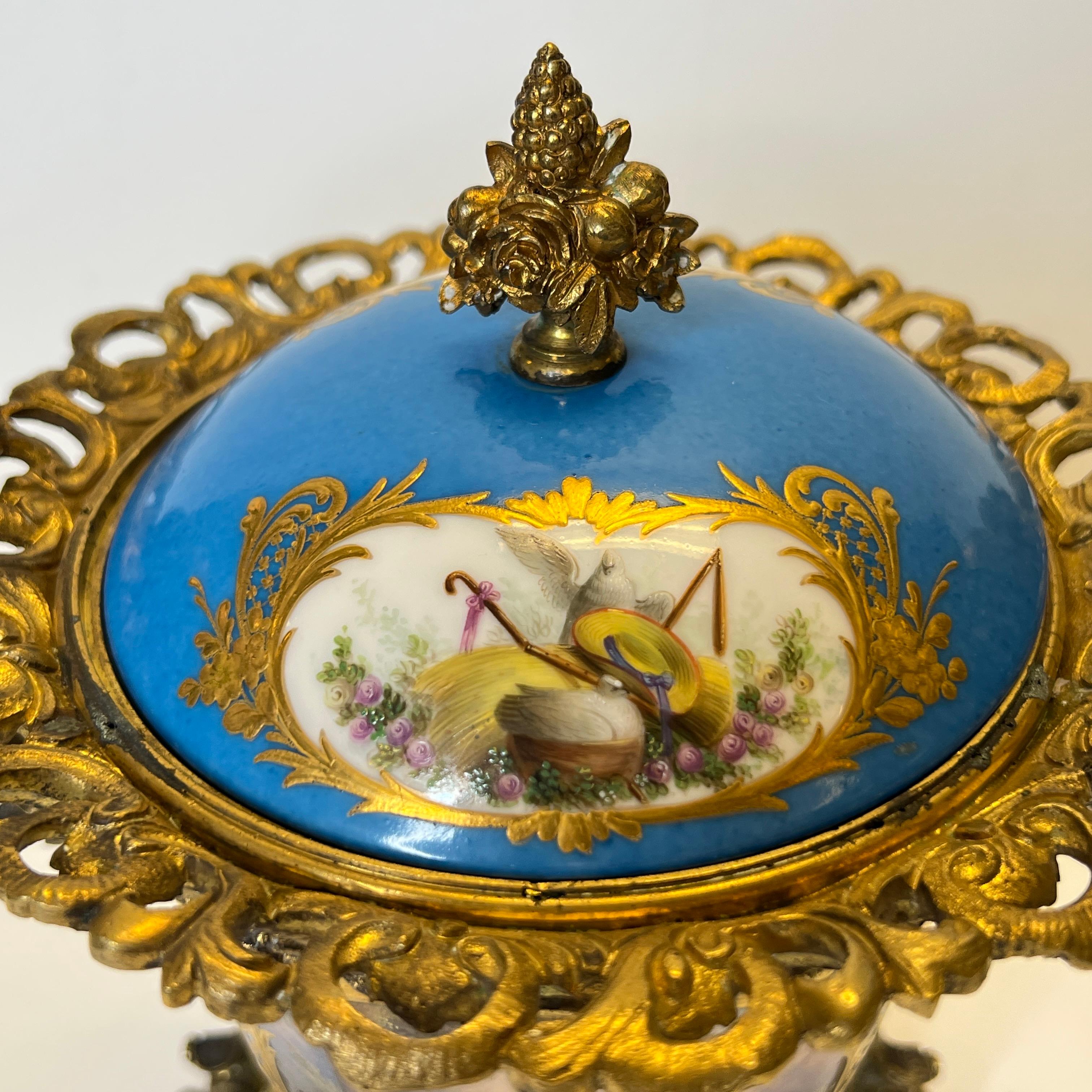 Pair Louis XVI Sevres Style Bronze Mounted Porcelain covered Cachepots In Good Condition In New York, NY