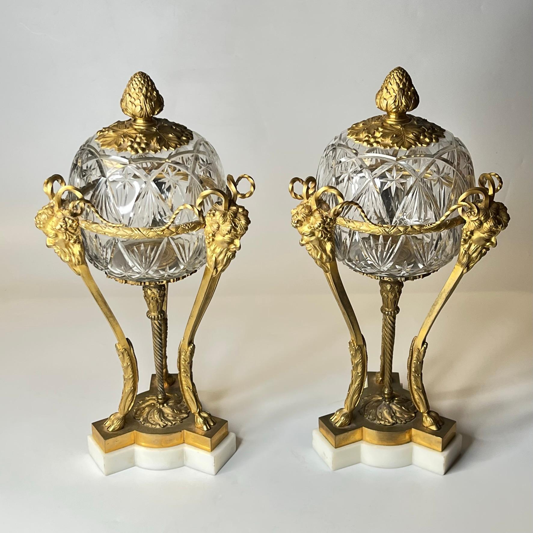 Pair Louis XVI Style Athenienne Form Cassolettes in Gilt Bronze and Cut Glass 7