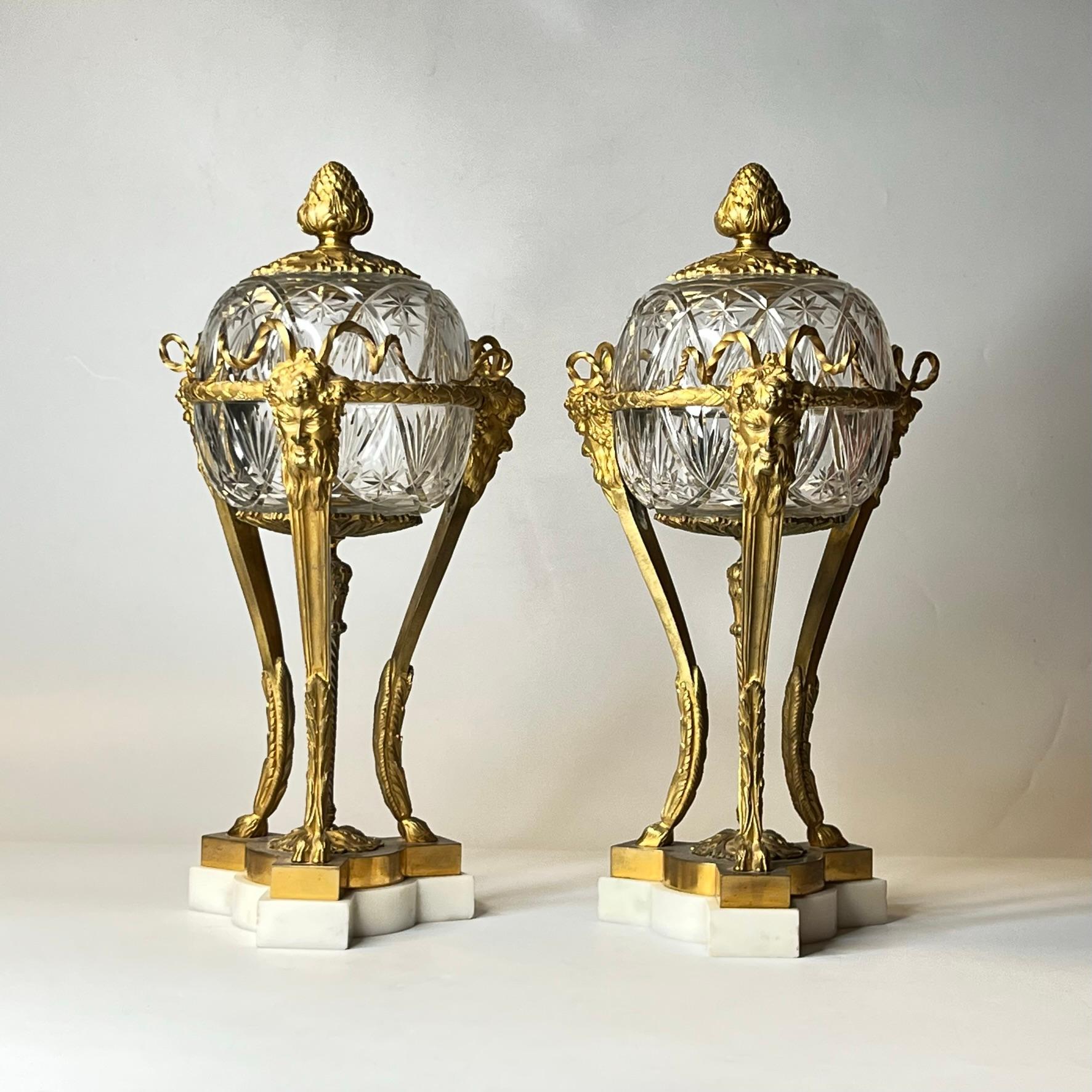Pair Louis XVI Style Athenienne Form Cassolettes in Gilt Bronze and Cut Glass In Good Condition In New York, NY