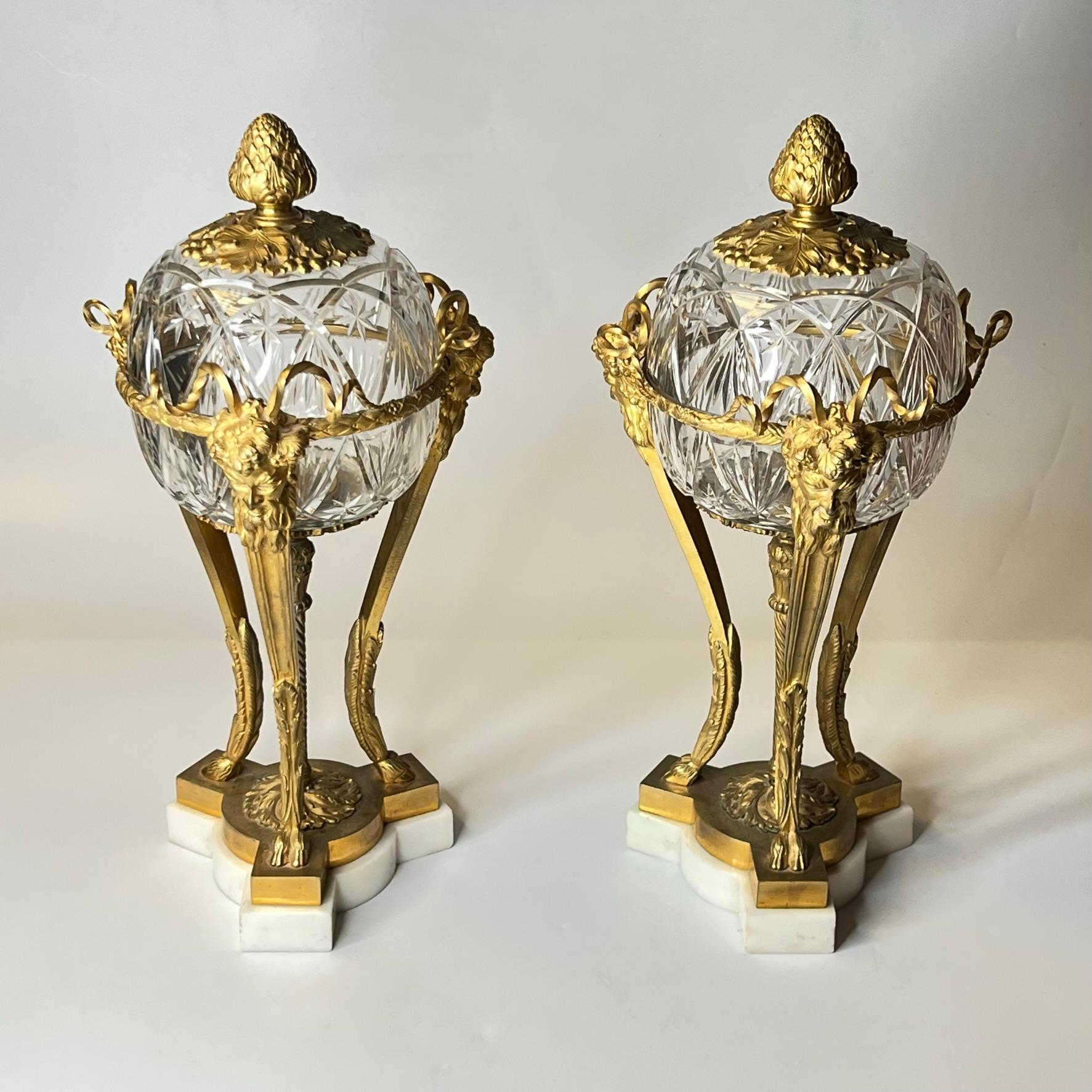 19th Century Pair Louis XVI Style Athenienne Form Cassolettes in Gilt Bronze and Cut Glass