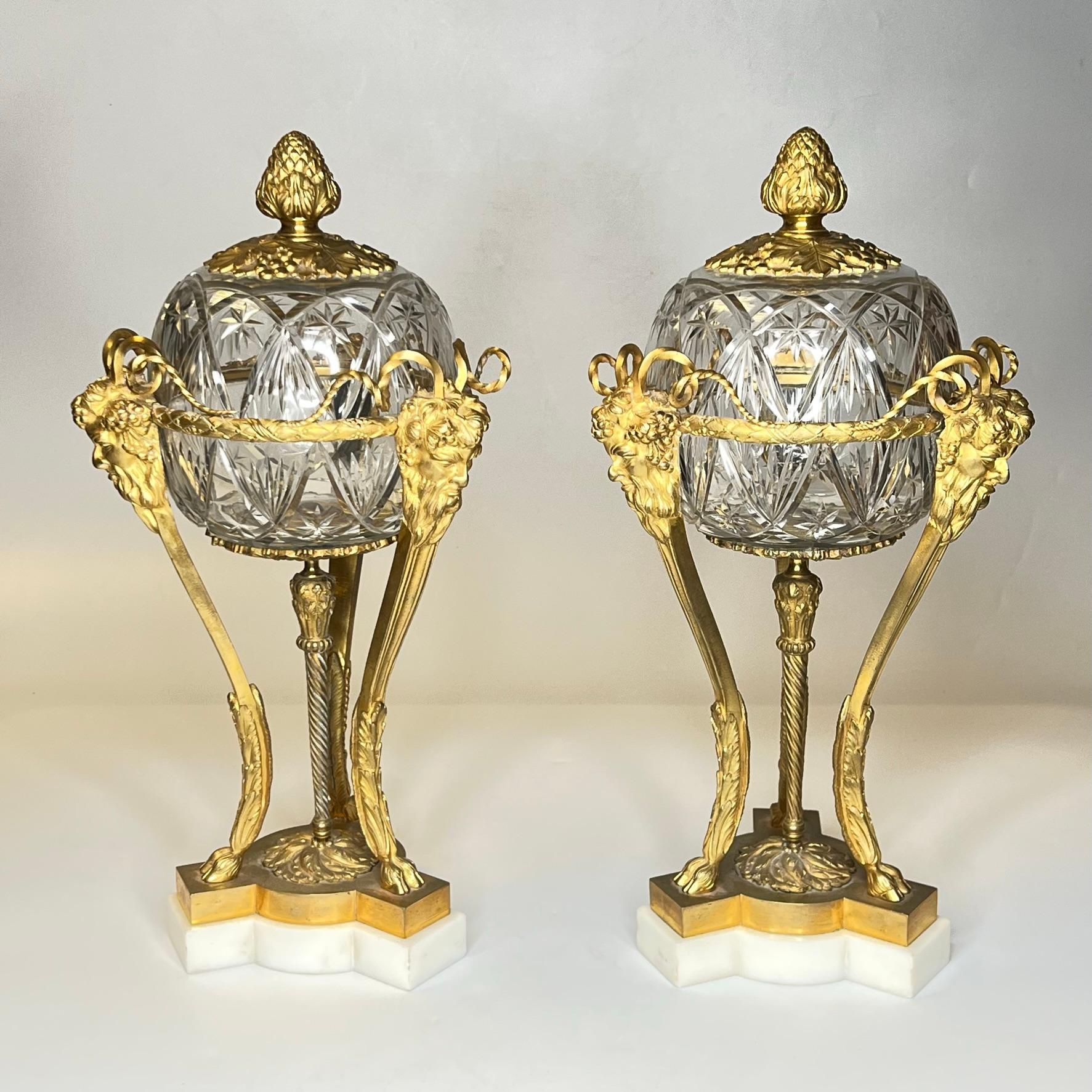 Pair Louis XVI Style Athenienne Form Cassolettes in Gilt Bronze and Cut Glass 5