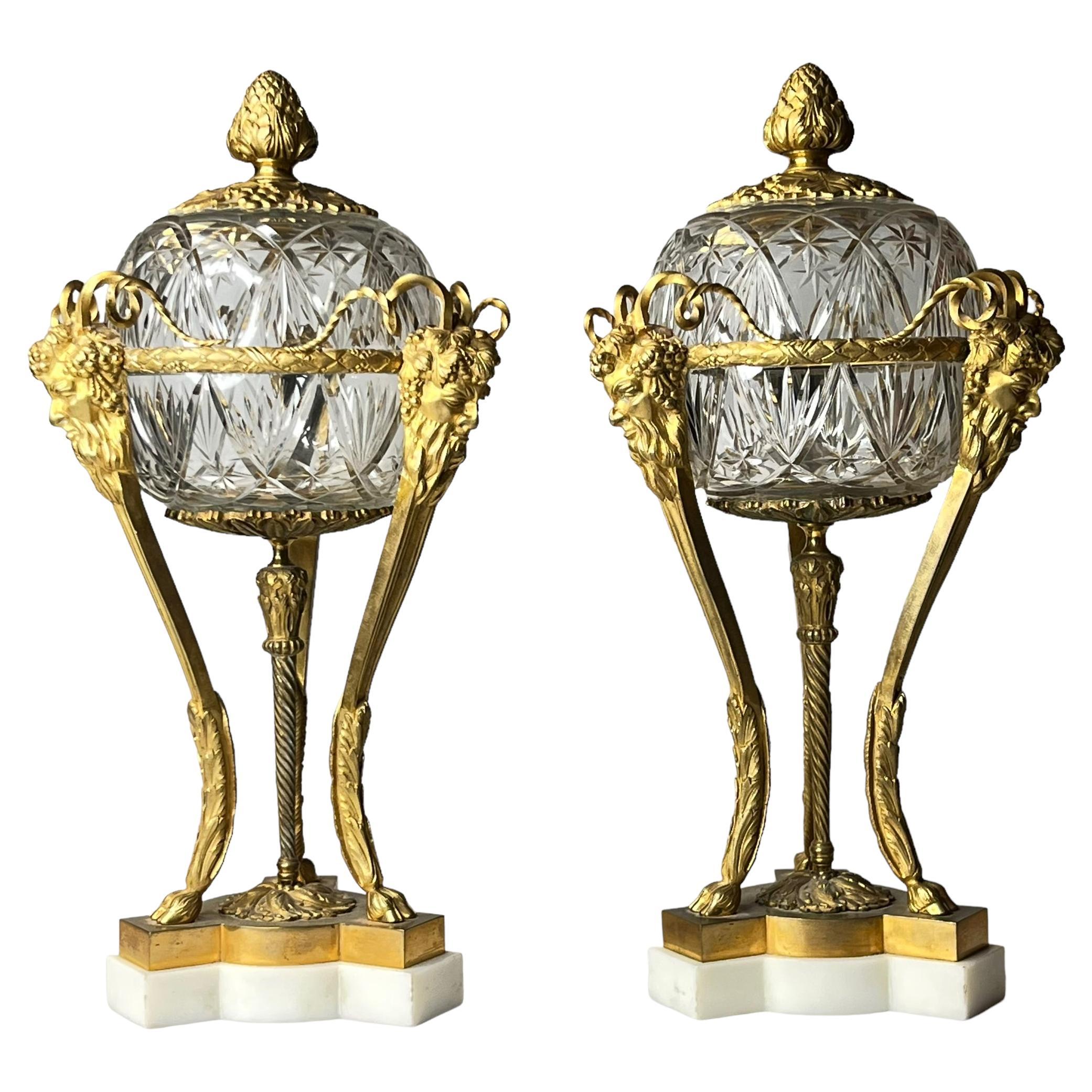 Pair Louis XVI Style Athenienne Form Cassolettes in Gilt Bronze and Cut Glass