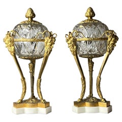 Pair Louis XVI Style Athenienne Form Cassolettes in Gilt Bronze and Cut Glass