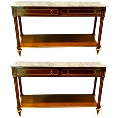 Pair of Louis XVI Style Bronze Mounted Marble-Top Console Tables, Inverted Sides