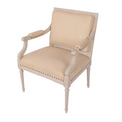 Pair Louis XVI Style Carved and Painted Square Back Arm Chairs