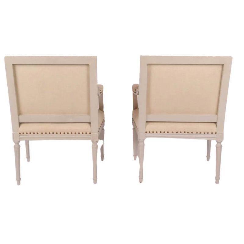 20th Century Pair Louis XVI Style Carved and Painted Square Back Arm Chairs For Sale