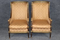 Pair Louis XVI Style Carved with Gilt Accent Wing Back Bergère Chairs