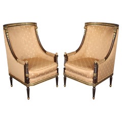 Pair Louis XVI Style Carved with Gilt Accent Wing Back Bergère Chairs