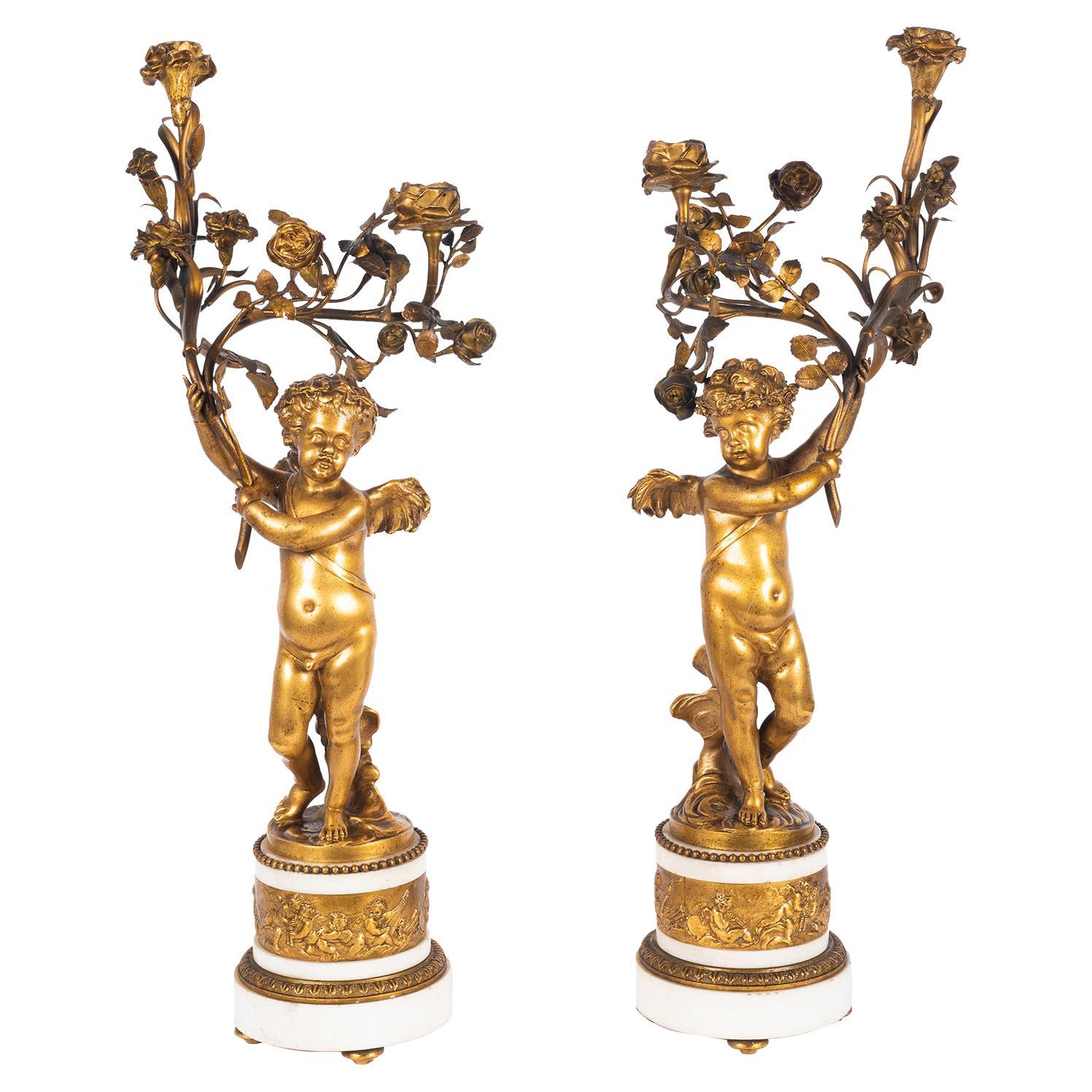 Paar Cherub-Kandelaber im Louis-XVI.-Stil, 19. Jahrhundert