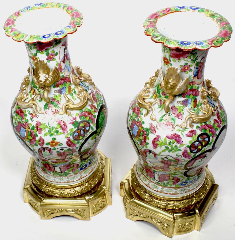 Gilt Pair Louis XVI Style Chinese-Export Ormolu Mounted Famille Rose Porcelain Vases For Sale