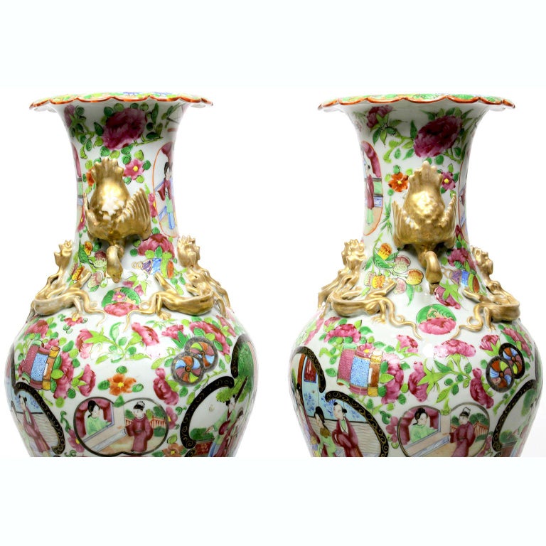 Pair Louis XVI Style Chinese-Export Ormolu Mounted Famille Rose Porcelain Vases For Sale 2