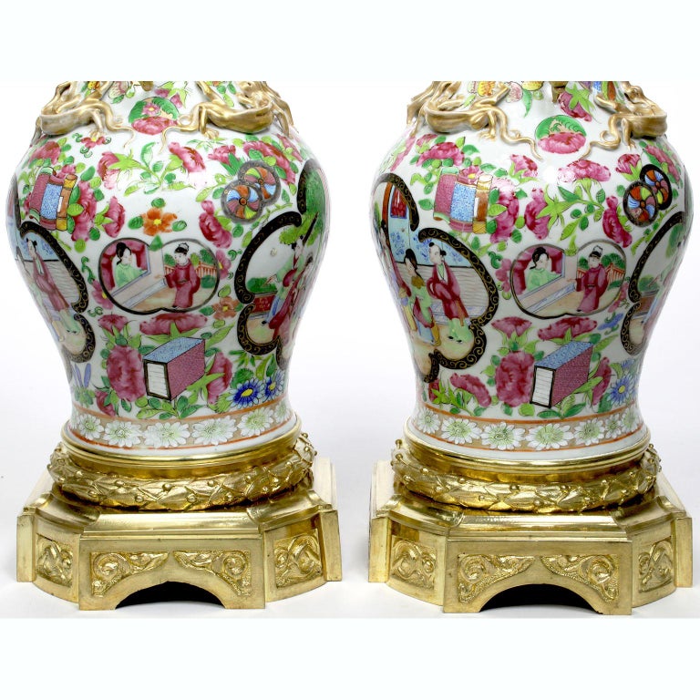 Pair Louis XVI Style Chinese-Export Ormolu Mounted Famille Rose Porcelain Vases For Sale 3