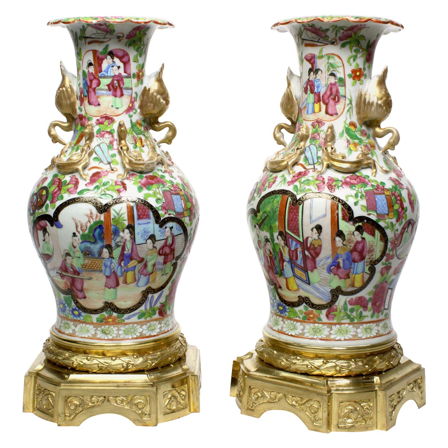 Pair Louis XVI Style Chinese-Export Ormolu Mounted Famille Rose Porcelain Vases