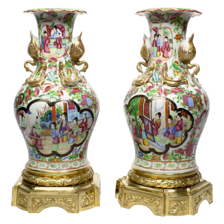 Pair Louis XVI Style Chinese-Export Ormolu Mounted Famille Rose Porcelain Vases For Sale