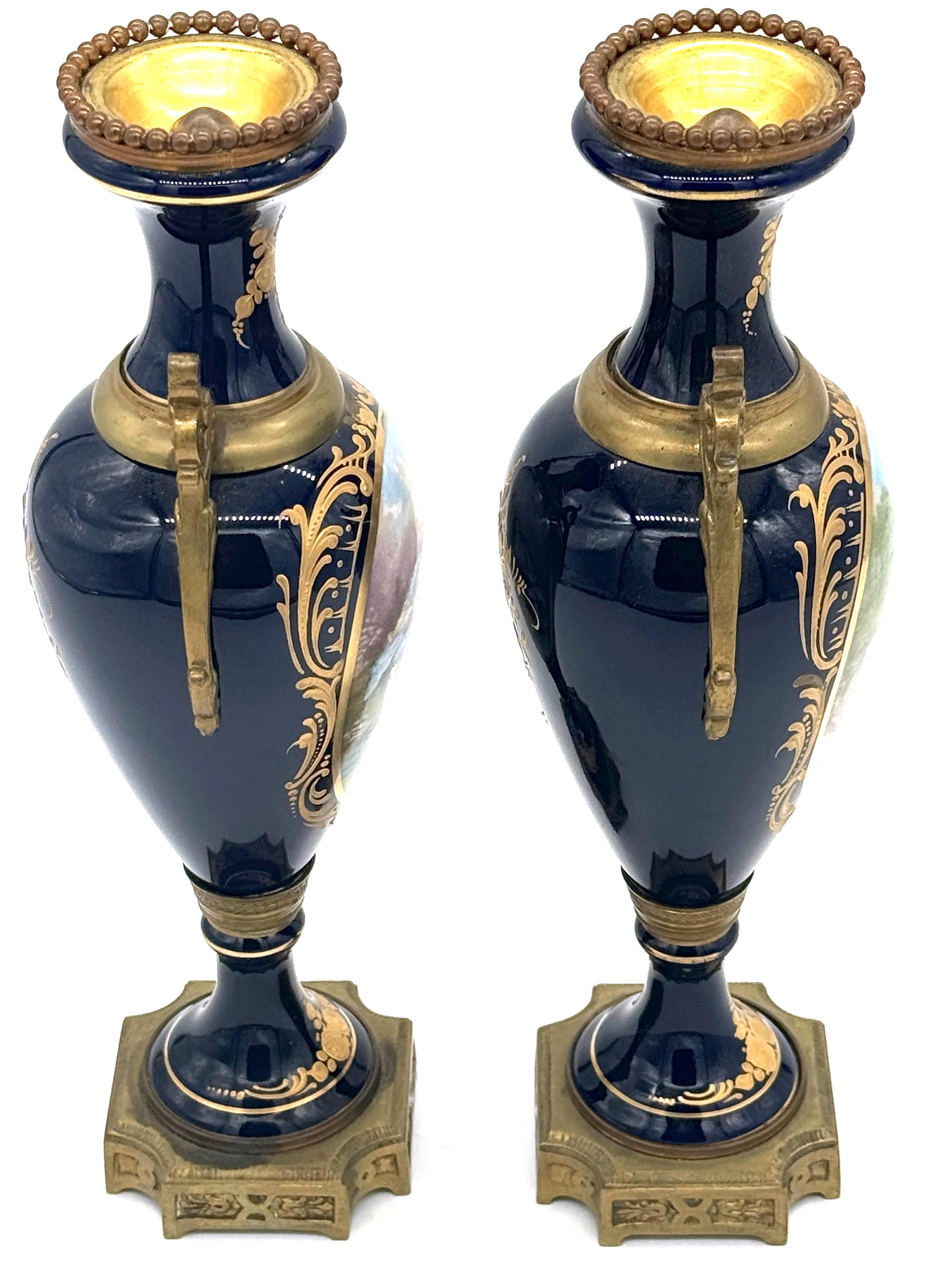 Pair Louis XVI Style Cobalt  Sevres Style Ormolu Mounted Vases in vendita 5