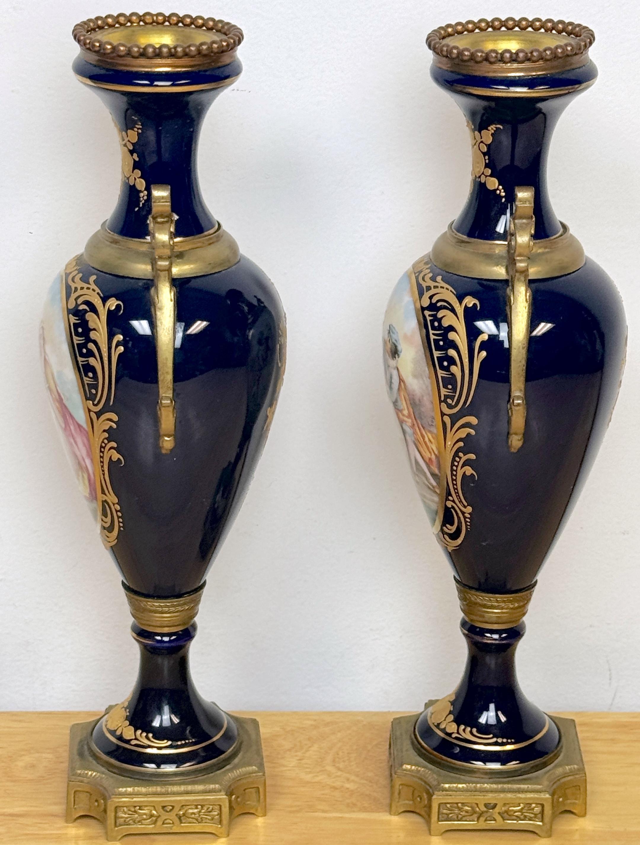 Francese Pair Louis XVI Style Cobalt  Sevres Style Ormolu Mounted Vases in vendita