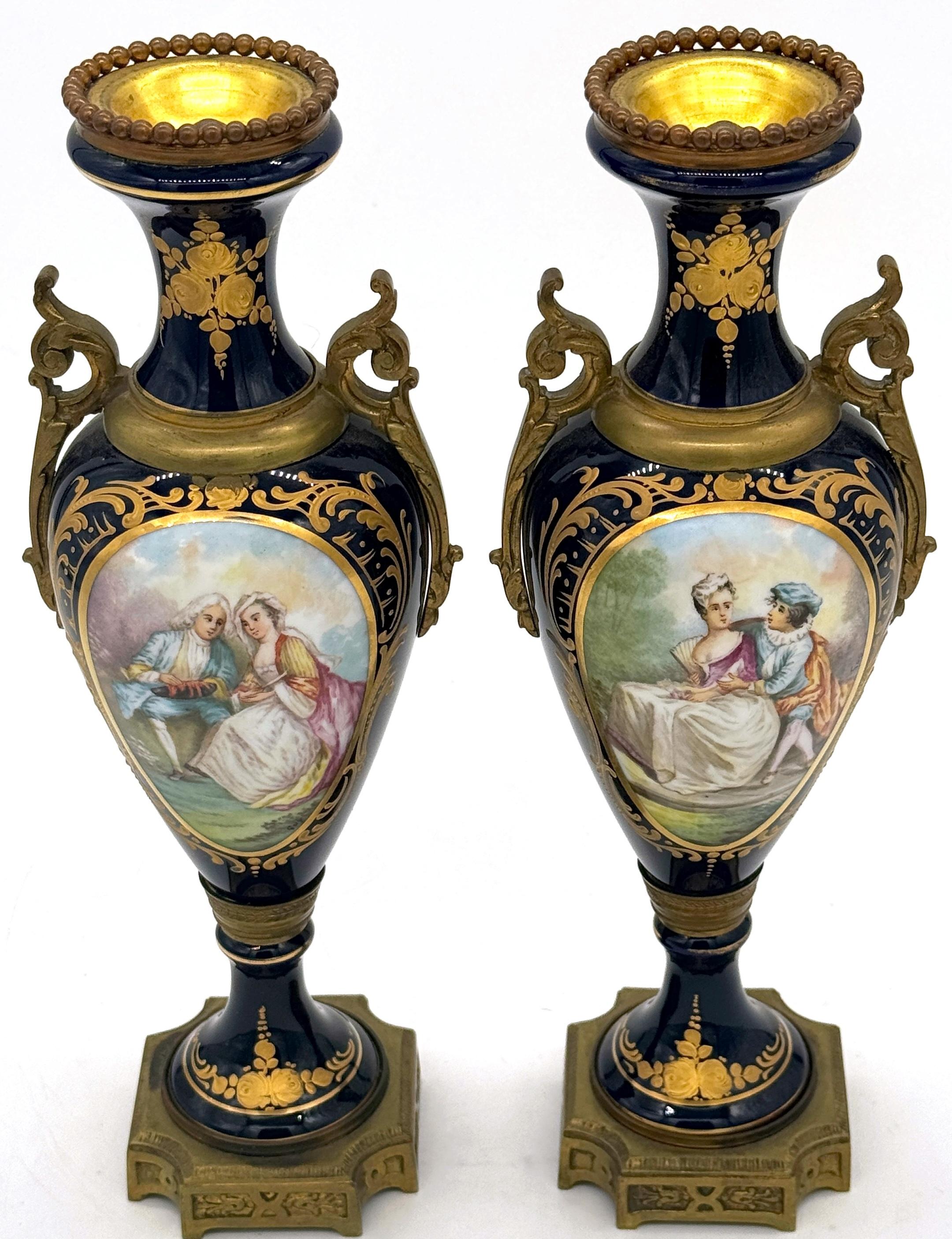 XX secolo Pair Louis XVI Style Cobalt  Sevres Style Ormolu Mounted Vases in vendita