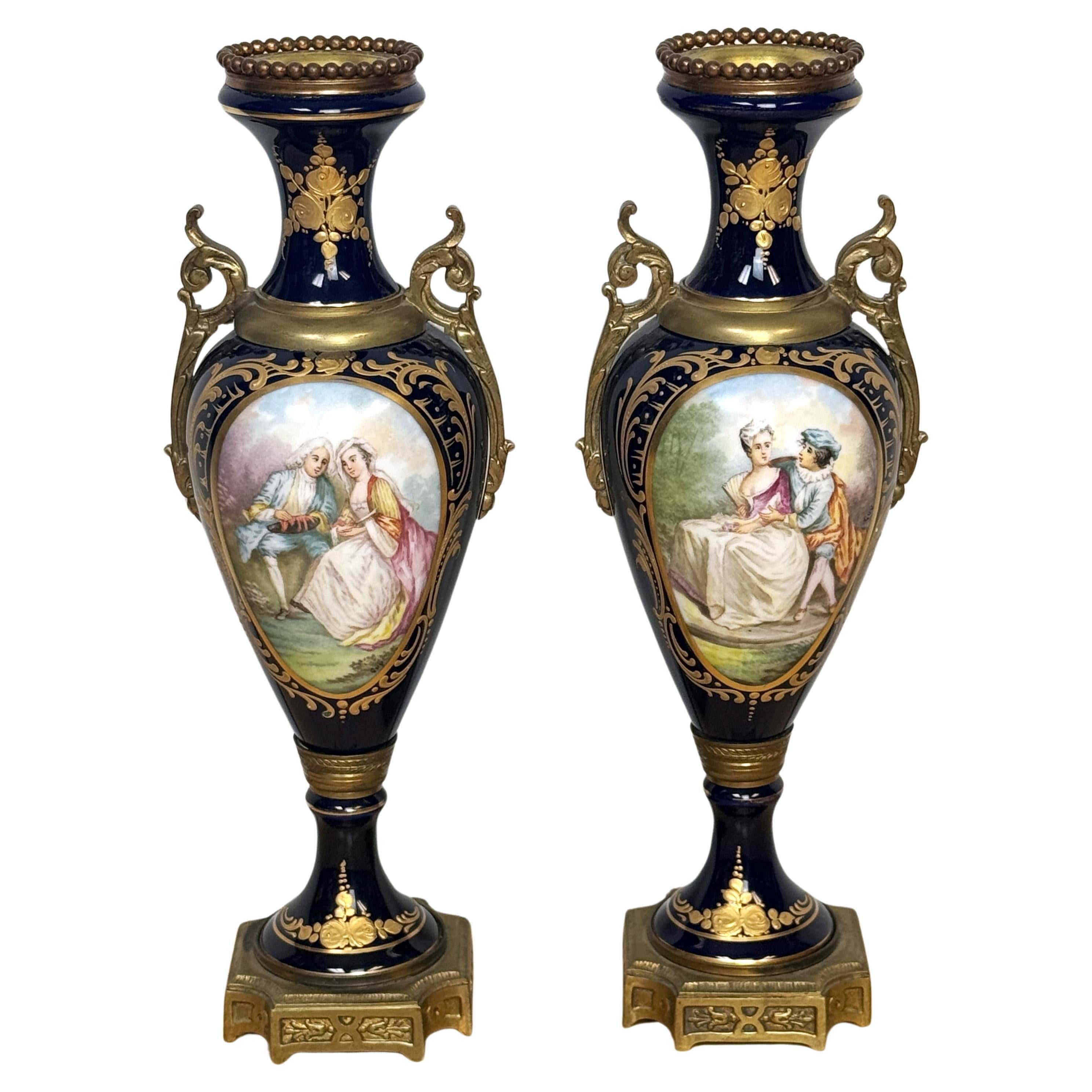 Pair Louis XVI Style Cobalt  Sevres Style Ormolu Mounted Vases