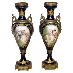 Pair Louis XVI Style Cobalt  Sevres Style Ormolu Mounted Vases