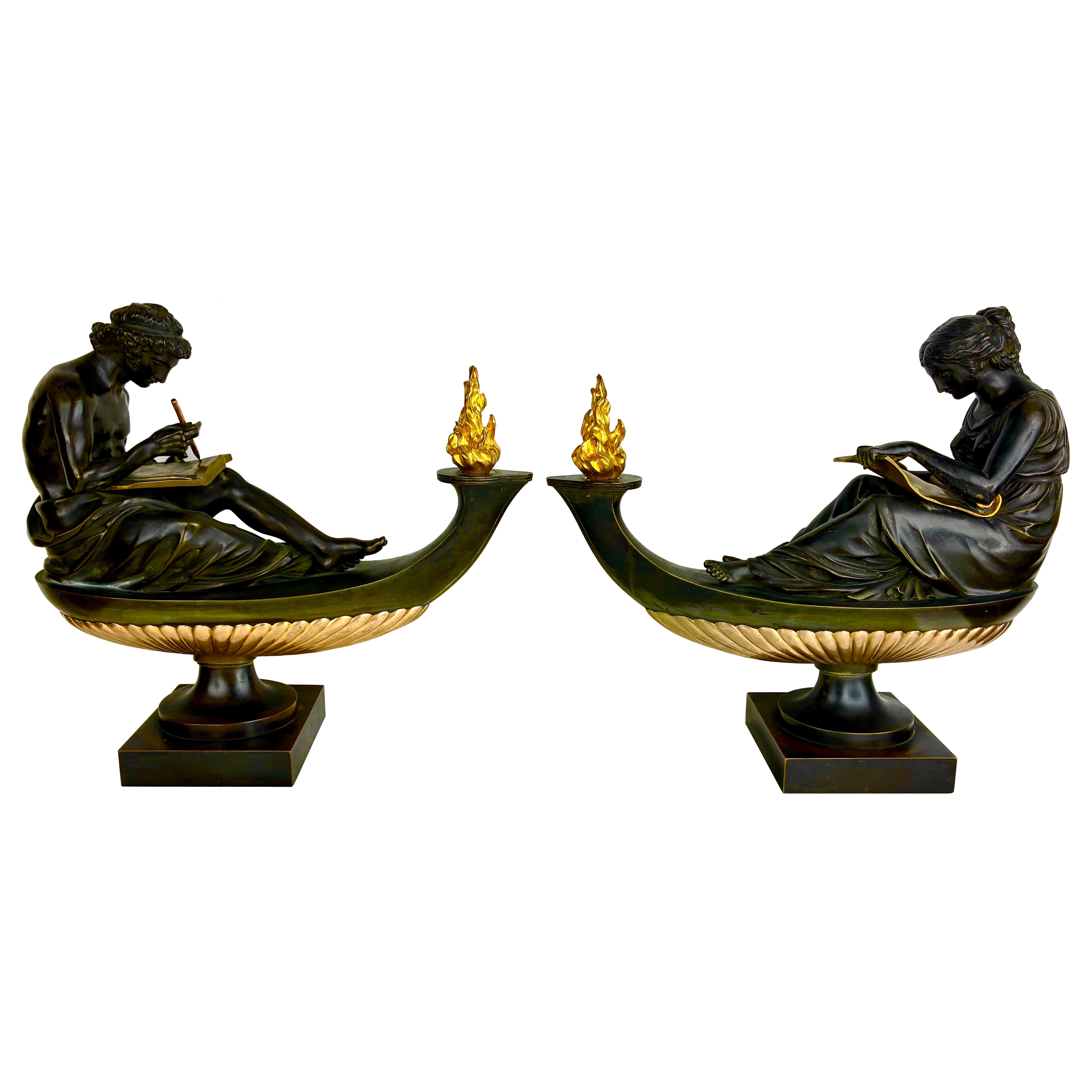 Pair Louis XVI Style Figural Bronze Oil Lamps After a Design by Louis Boizot