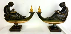 Pair Louis XVI Style Figural Bronze Oil Lamps After a Design by Louis Boizot