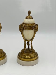 Pair, Louis Xvi Style French Gilt Bronze & White Marble Rams Head Cassolettes