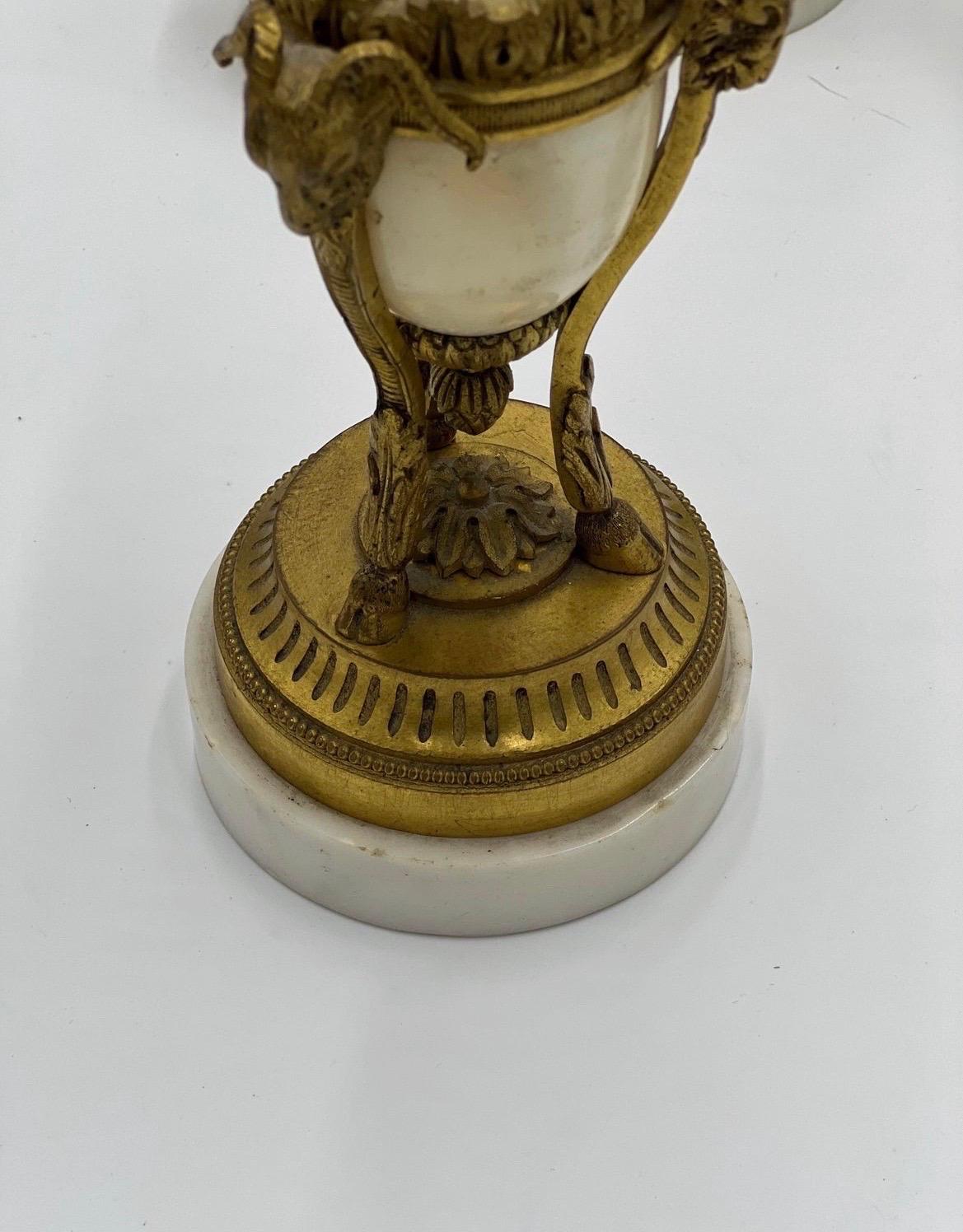 Pair, Louis Xvi Style French Gilt Bronze & White Marble Rams Head Cassolettes For Sale 3