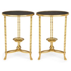Pair Louis XVI Style French Marble Gold Gilt Bronze Ormolu Gueridons Tables