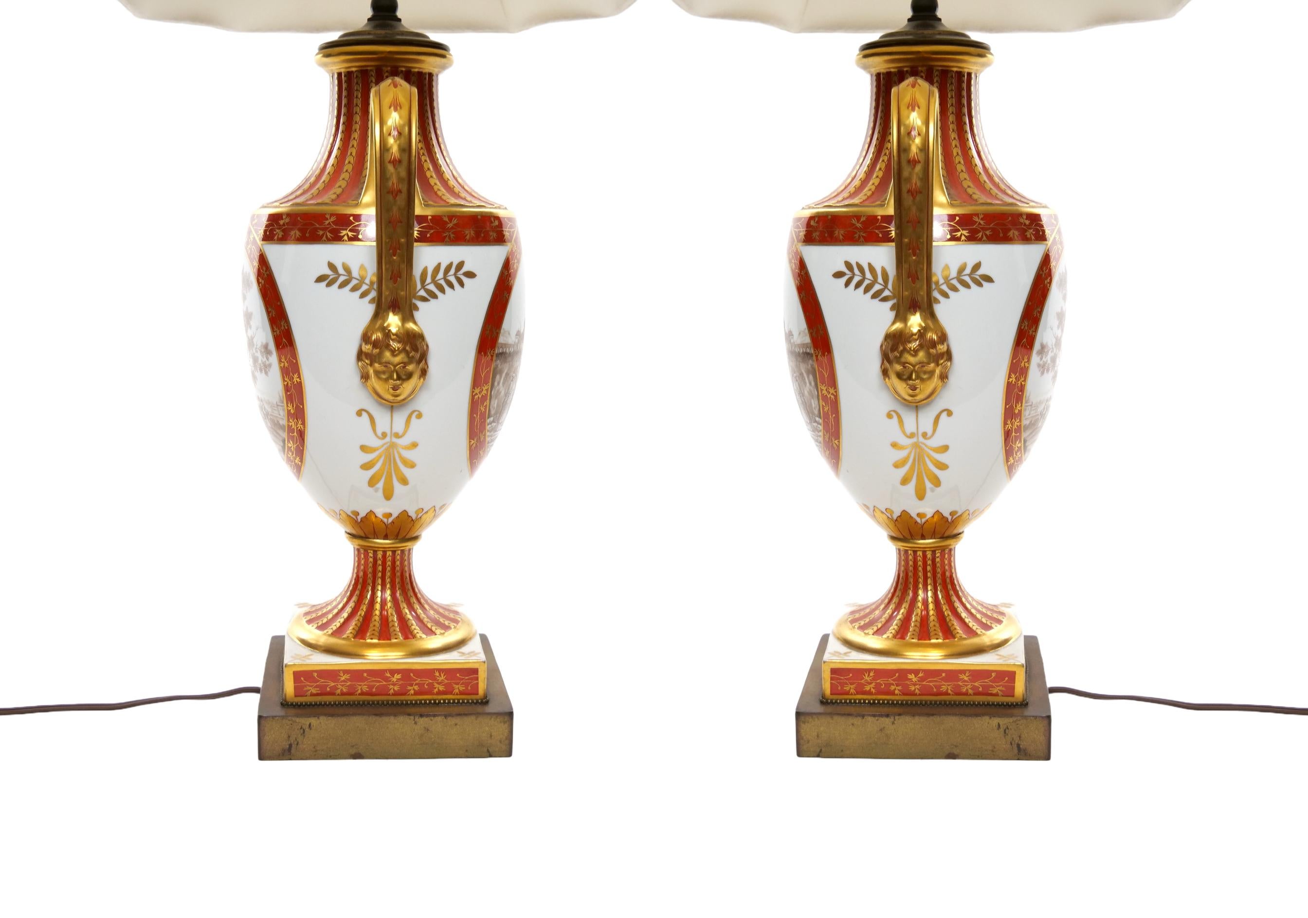 Pair Louis XVI Style French Porcelain / Dore Bronze Table Lamps For Sale 5