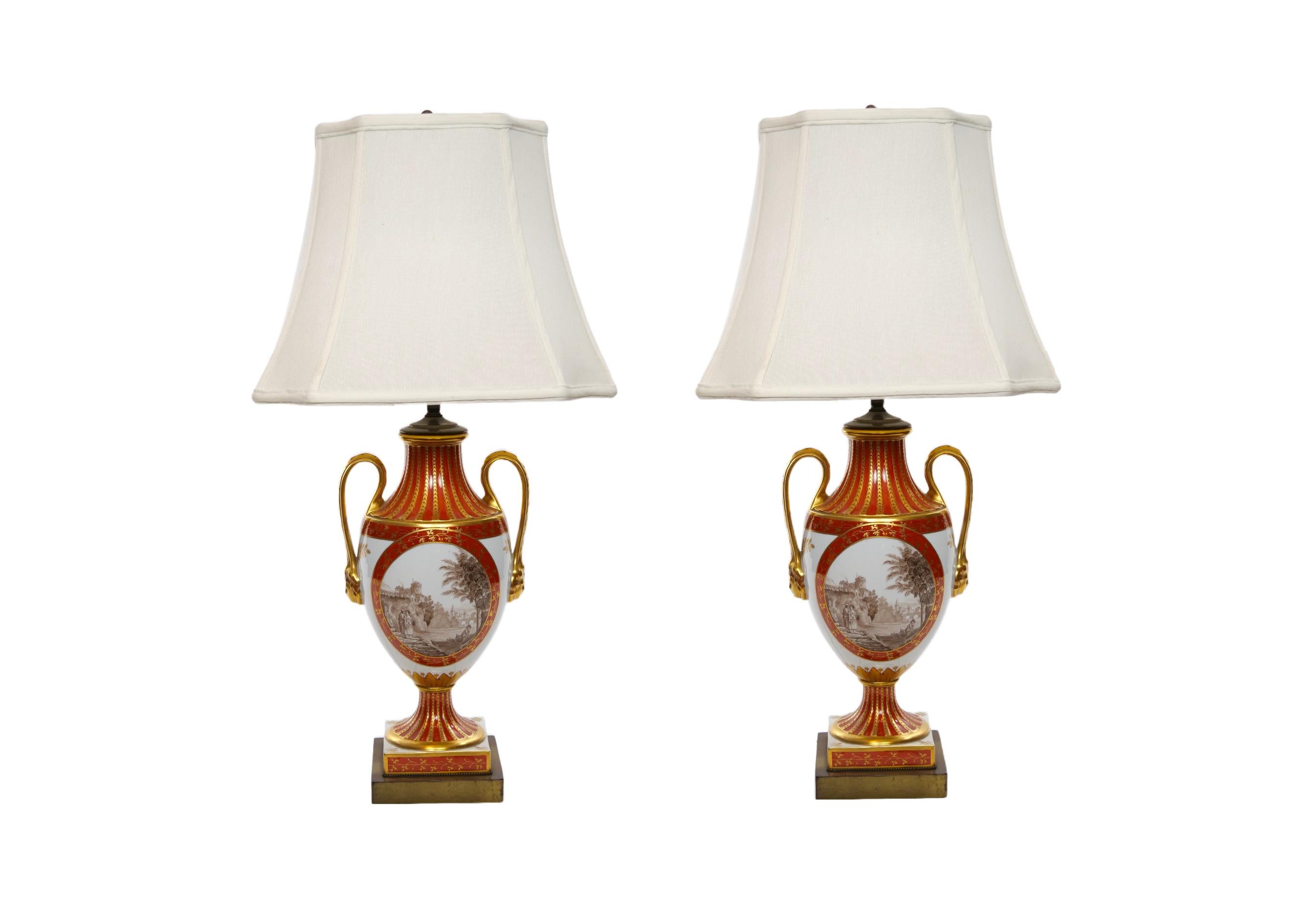 Pair Louis XVI Style French Porcelain / Dore Bronze Table Lamps For Sale 12