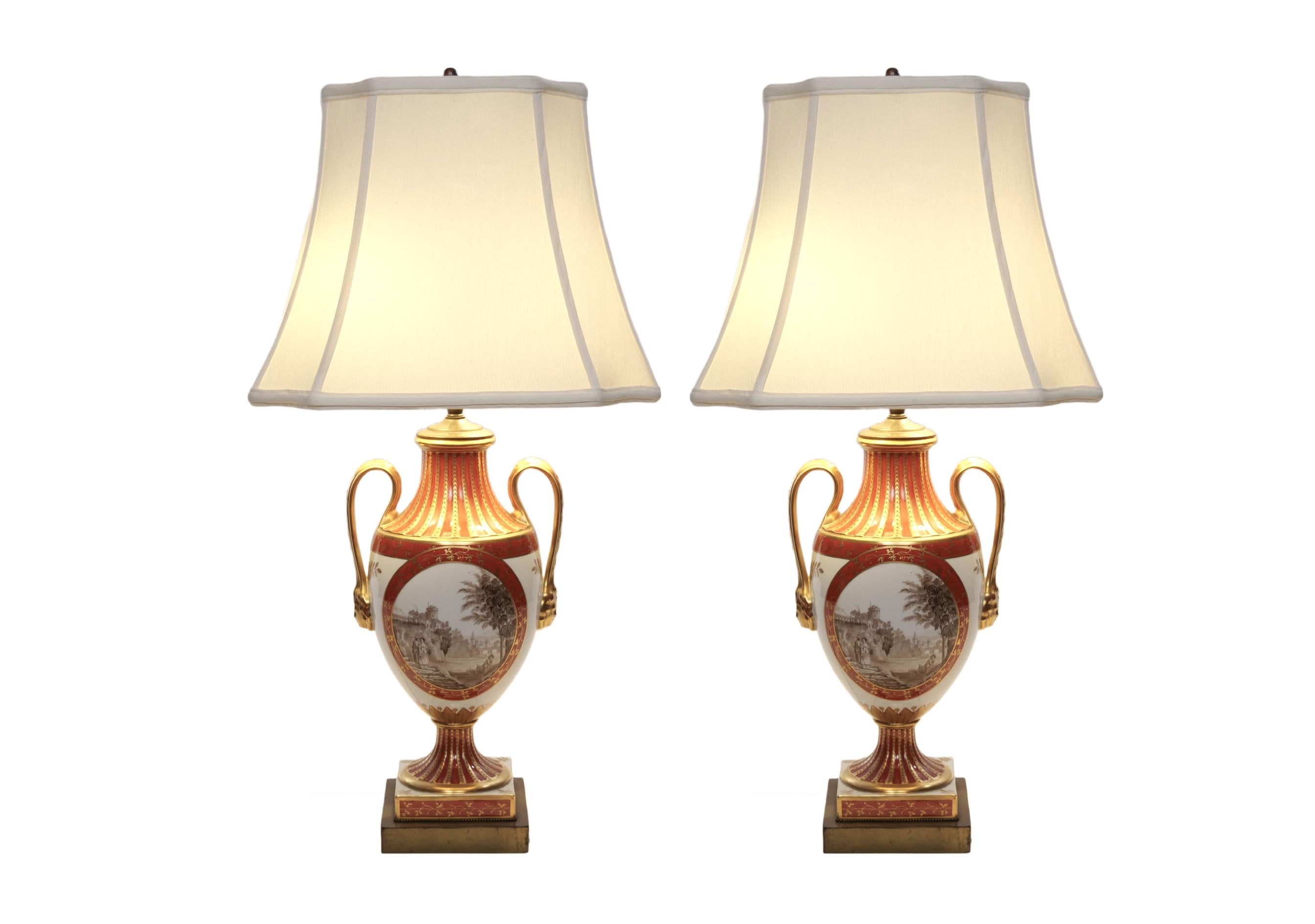 Gilt Pair Louis XVI Style French Porcelain / Dore Bronze Table Lamps For Sale